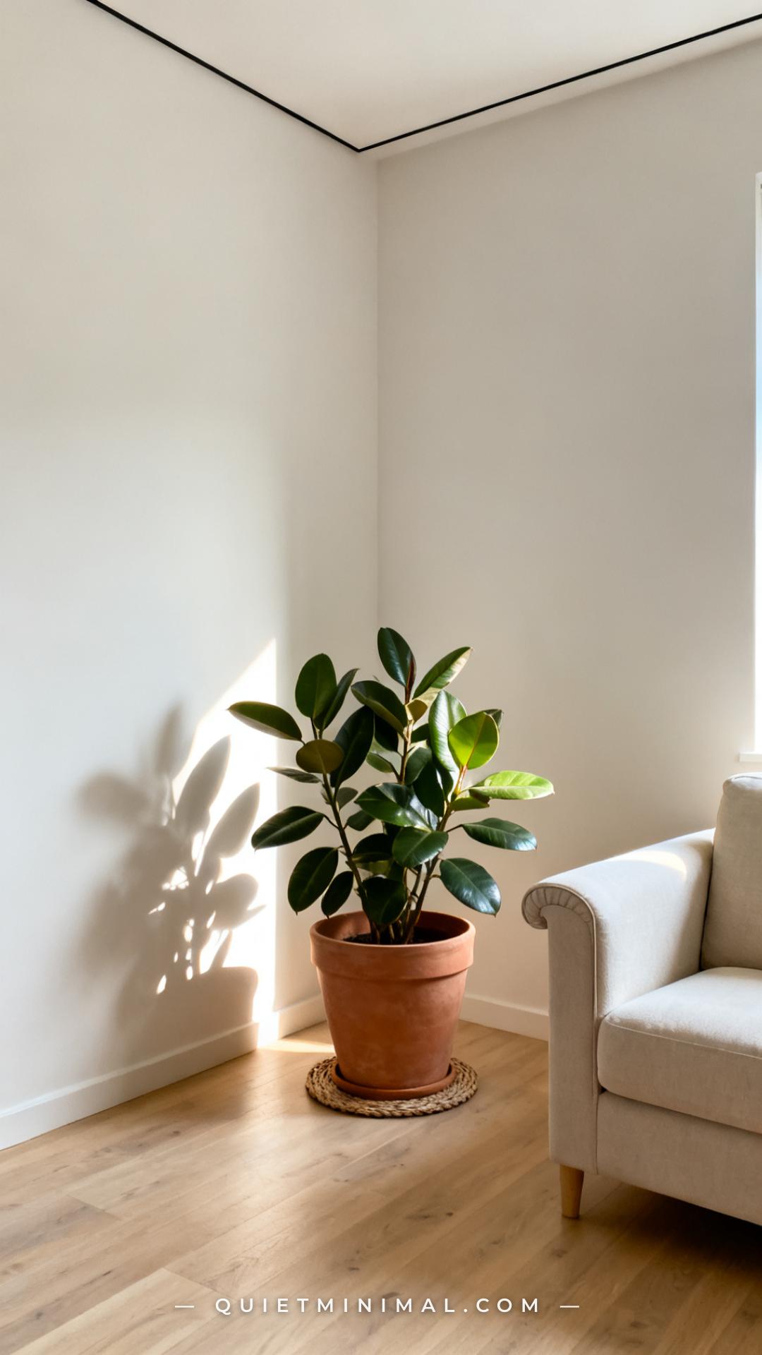A wide interior photograph of a minimal living room corner showing a low-profile rubber tree or fiddle leaf fig in a lar