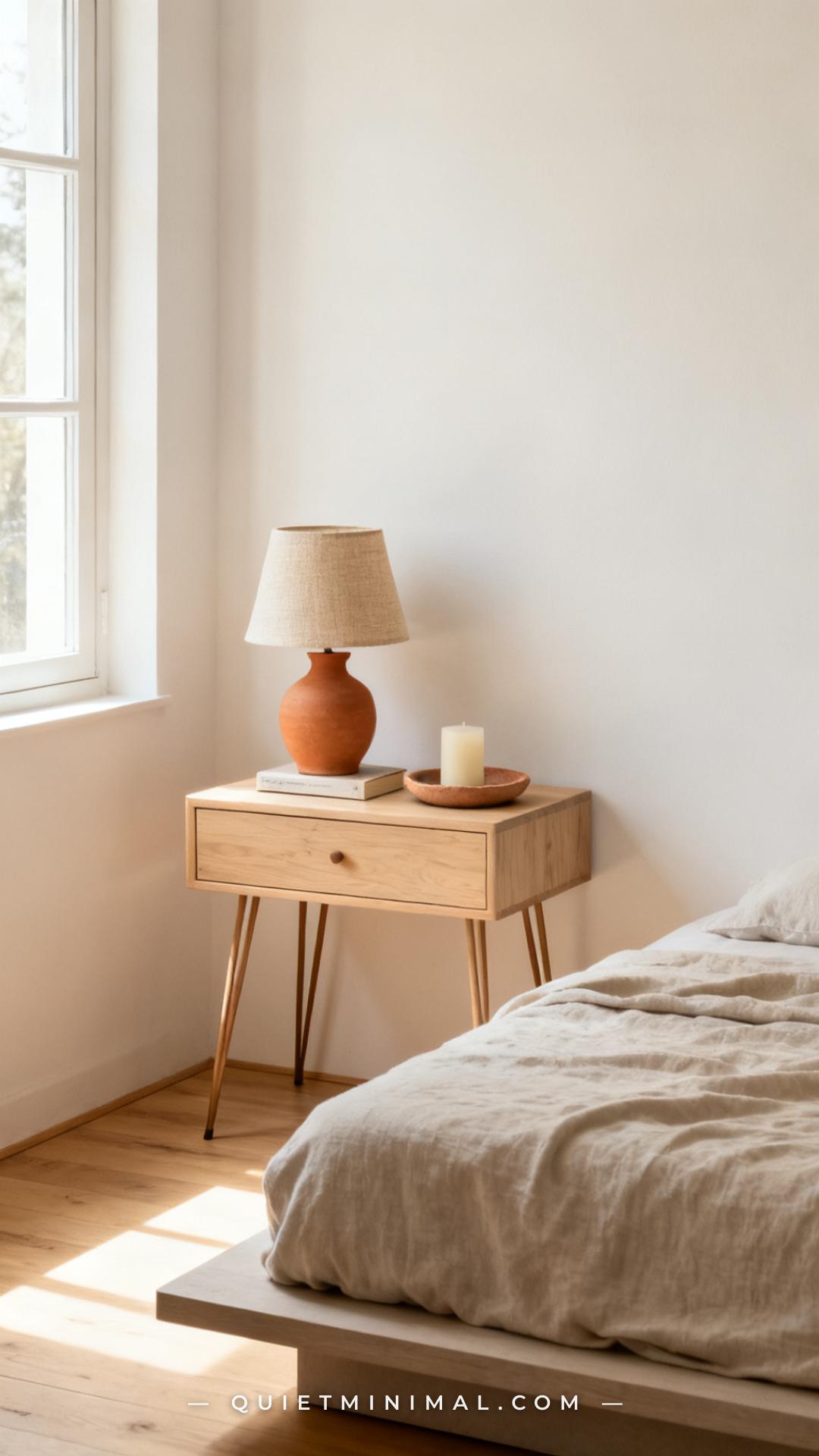 A vertical photograph captures the full side of a minimalist bedroom