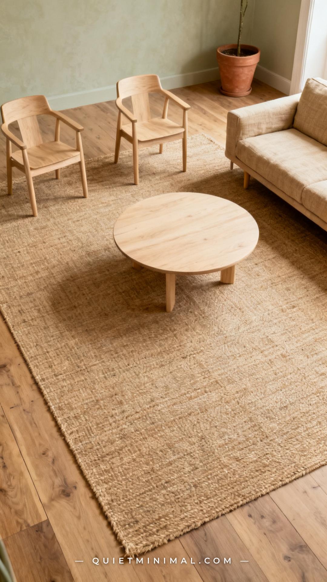 A vertical photograph captures the full living room floor plan from a slightly elevated angle