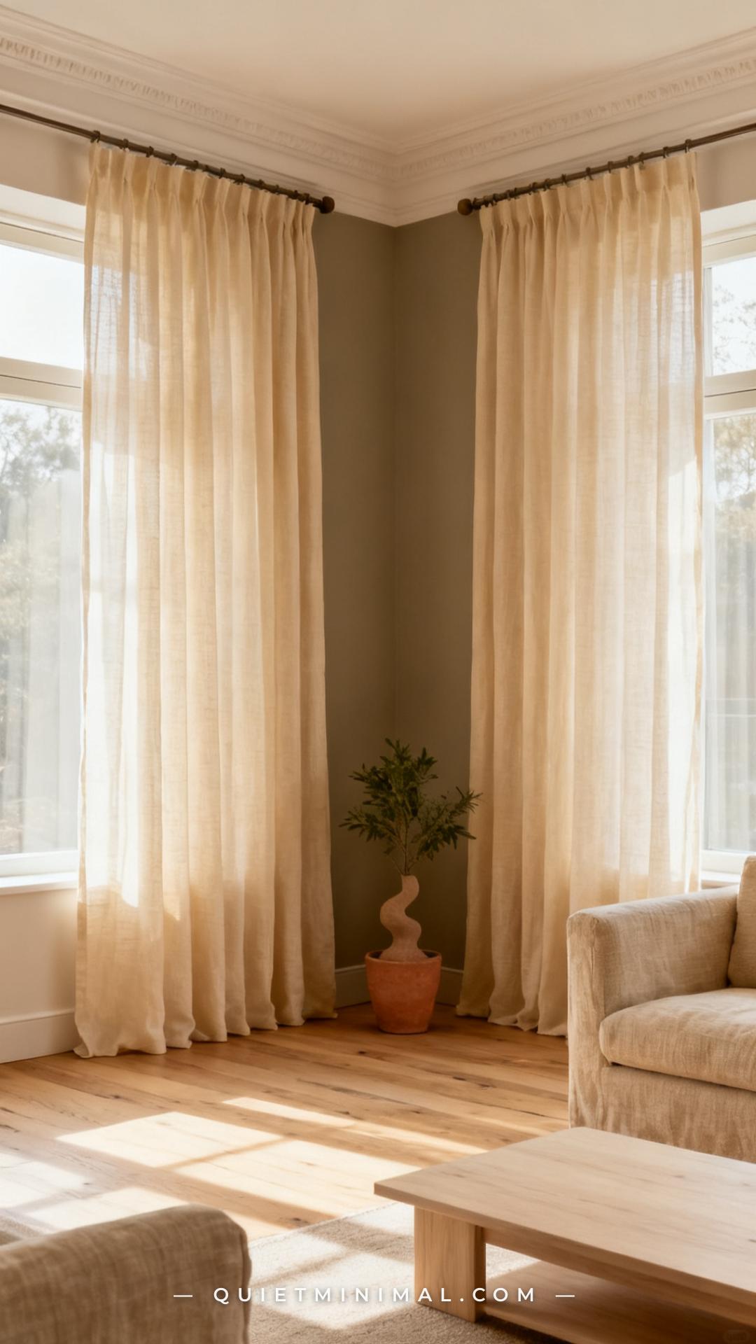 A vertical photograph captures the full height of a minimalist living room corner