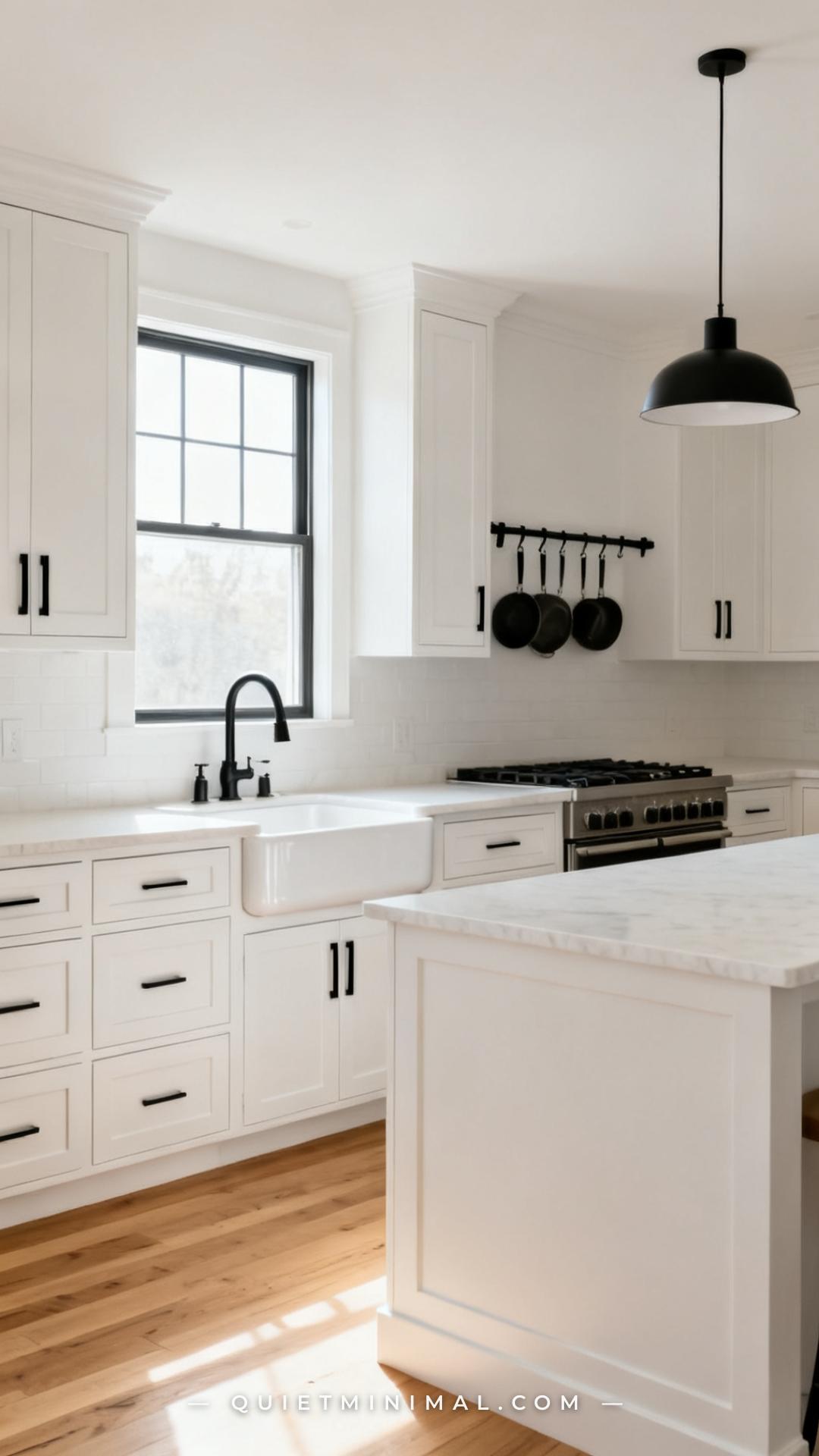 A vertical photograph captures a wide view of a minimalist kitchen with consistent matte black hardware repeated across