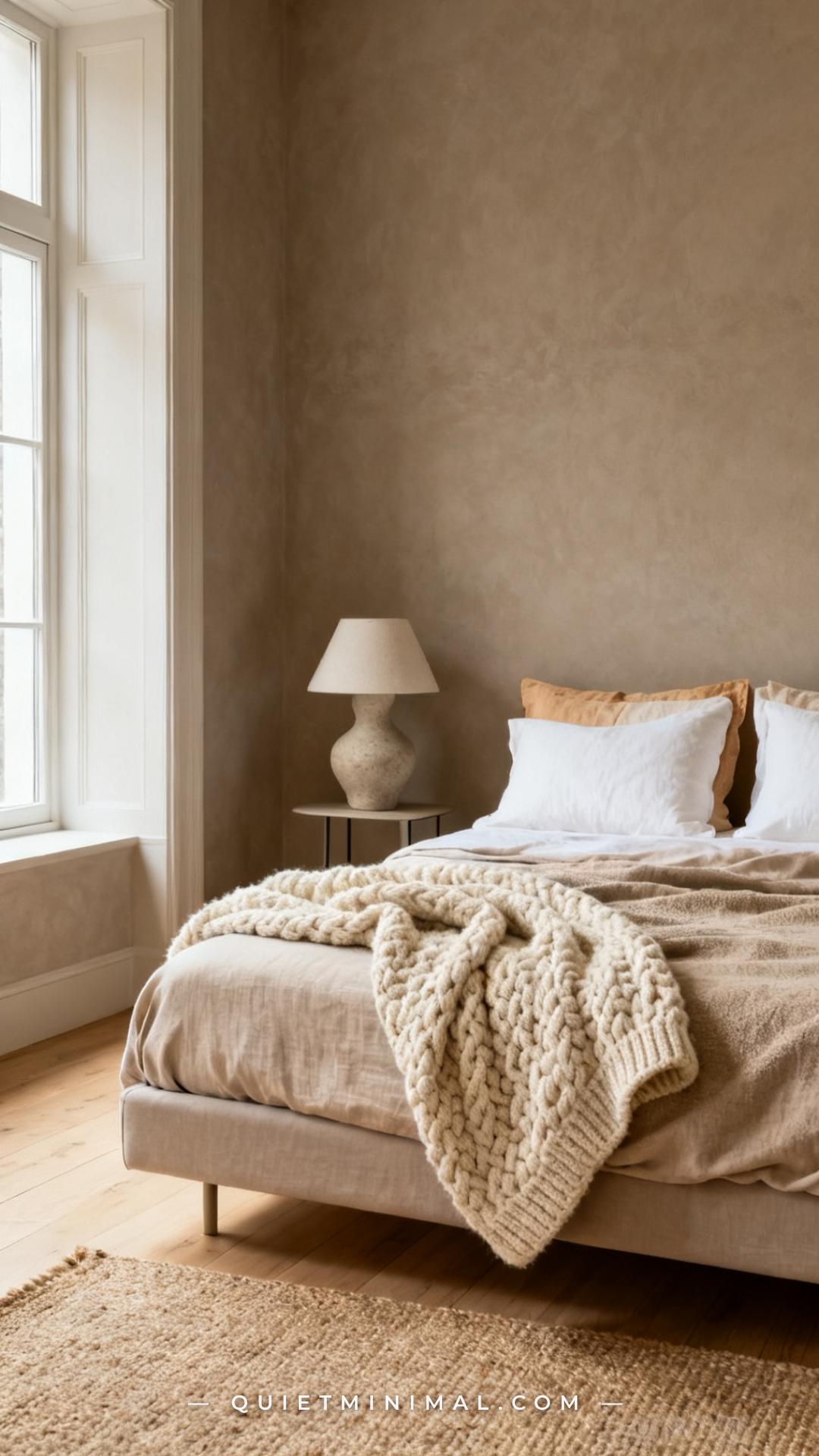 A vertical photograph captures the full width of a minimalist bedroom styled for warmth through layered fabric texture