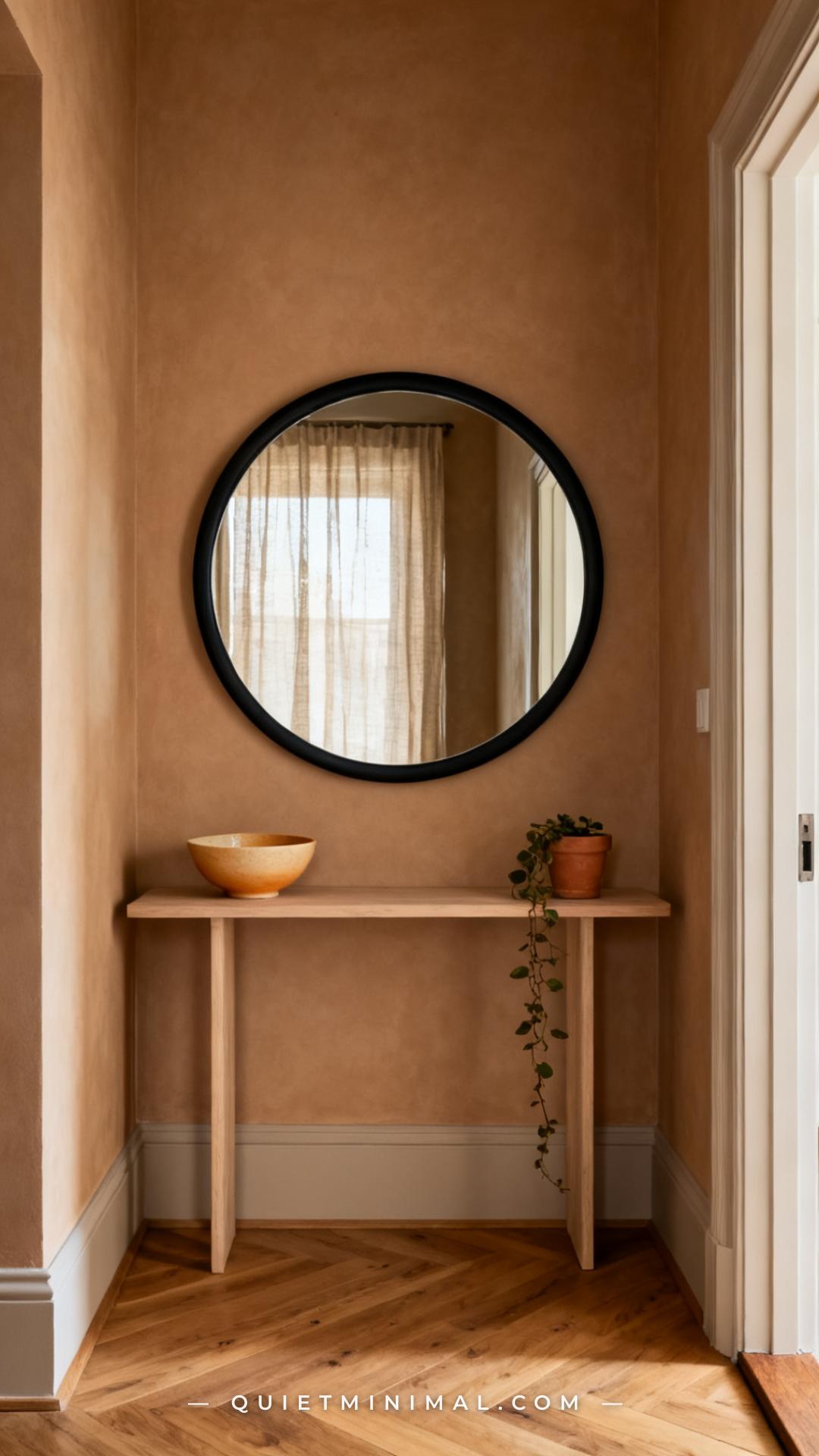 A vertical photograph captures the full entryway of a minimalist apartment