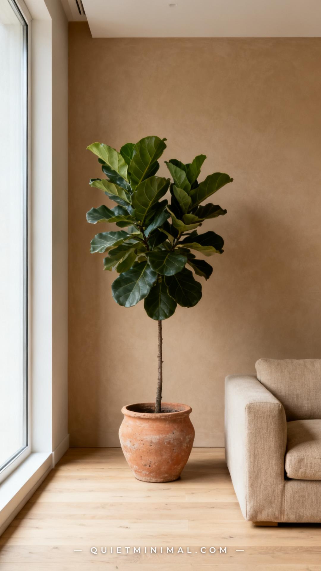 A vertical photograph captures the full corner of a minimalist living room anchored by a single large-scale fiddle-leaf