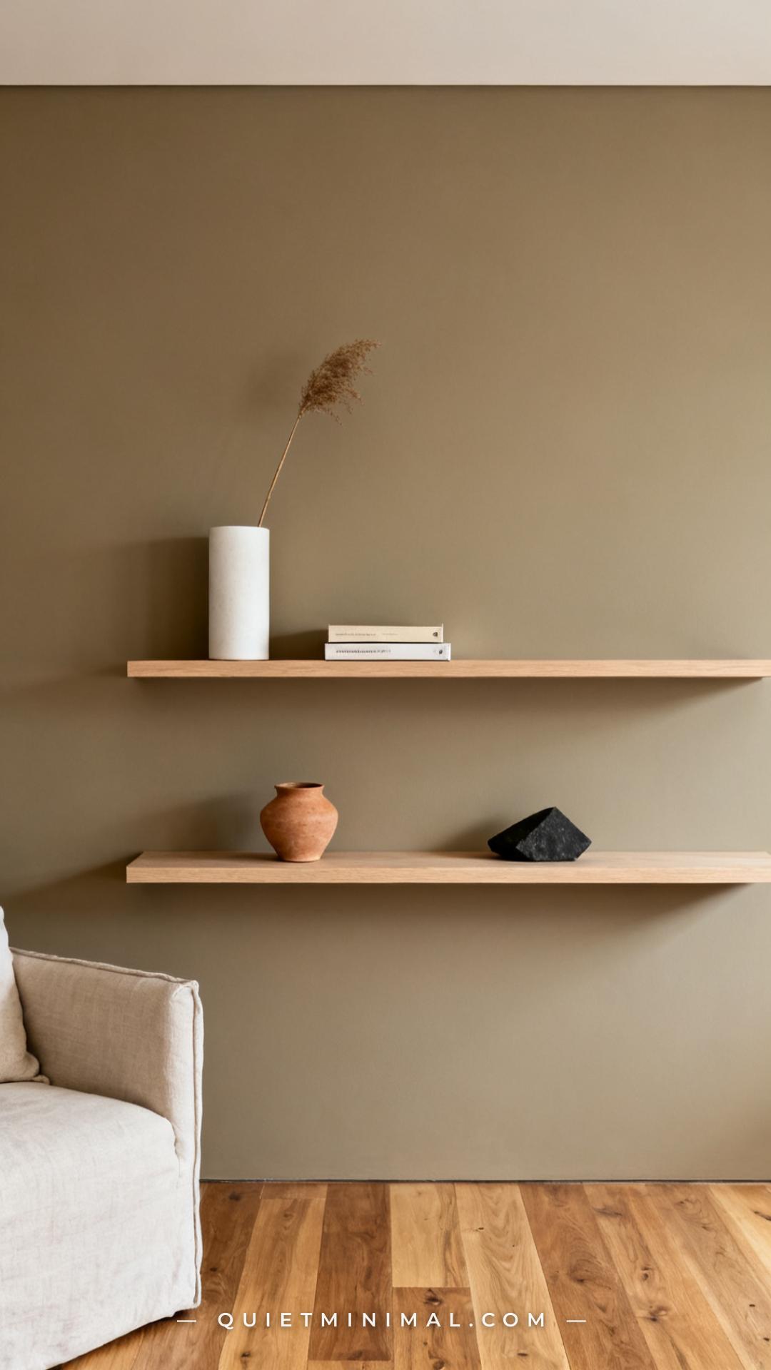 A vertical photograph captures the full wall view of a minimalist living room featuring two floating pale oak shelves mo