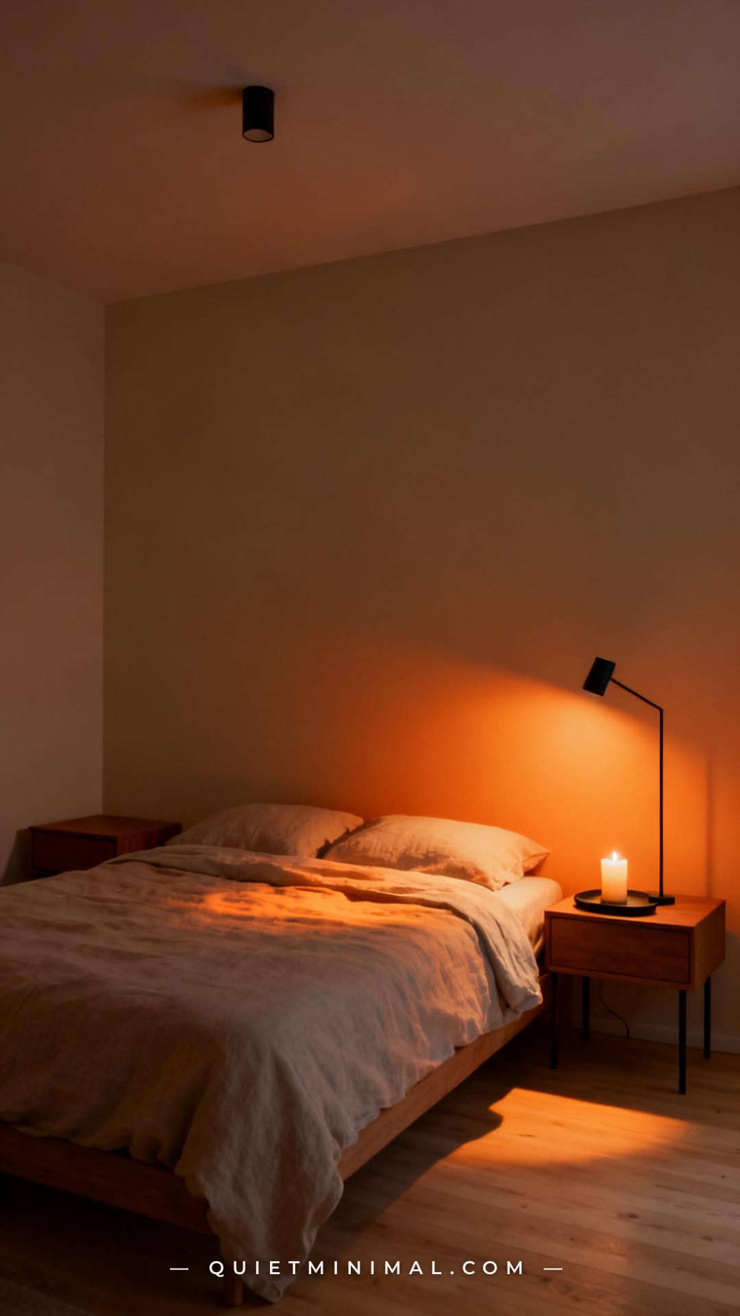A vertical photograph captures the full view of a minimalist bedroom at dusk lit exclusively by three layered light sour