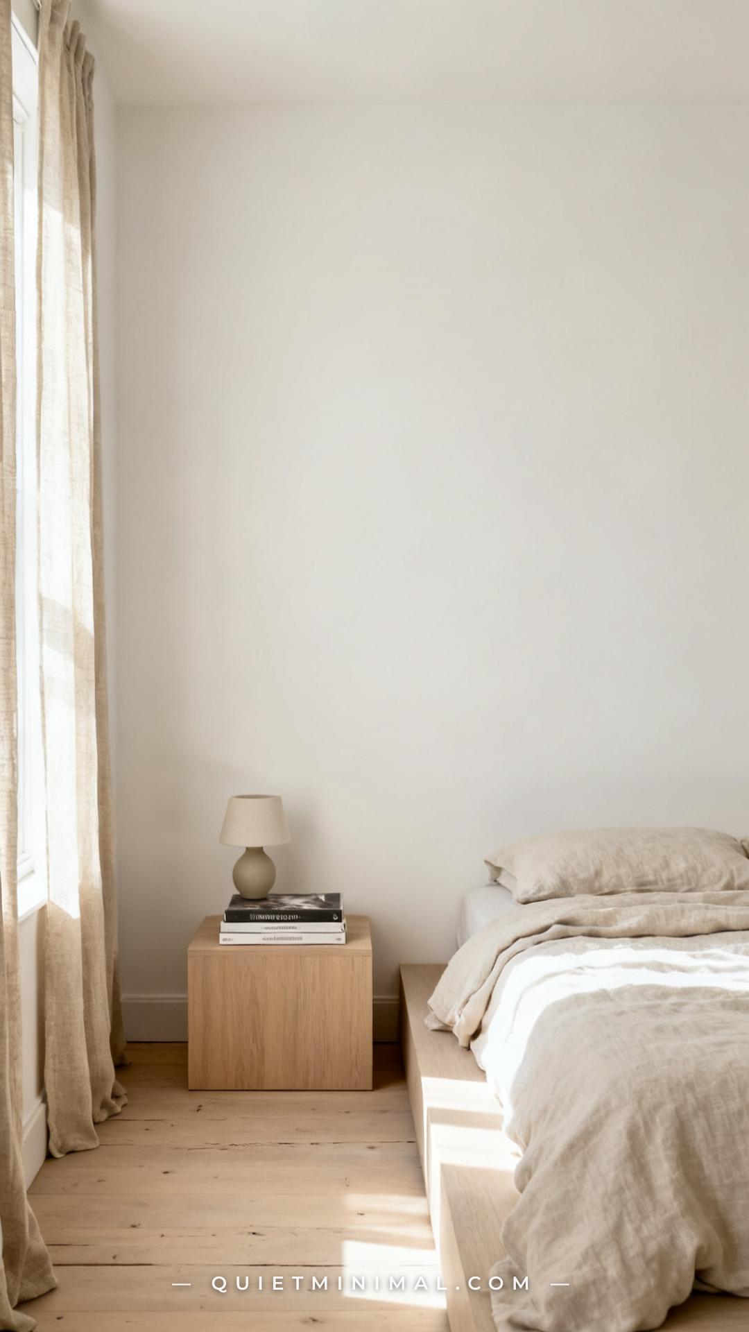 A medium-wide vertical photograph of a minimalist bedroom with walls painted in Sherwin-Williams Alabaster SW 7008 — a c
