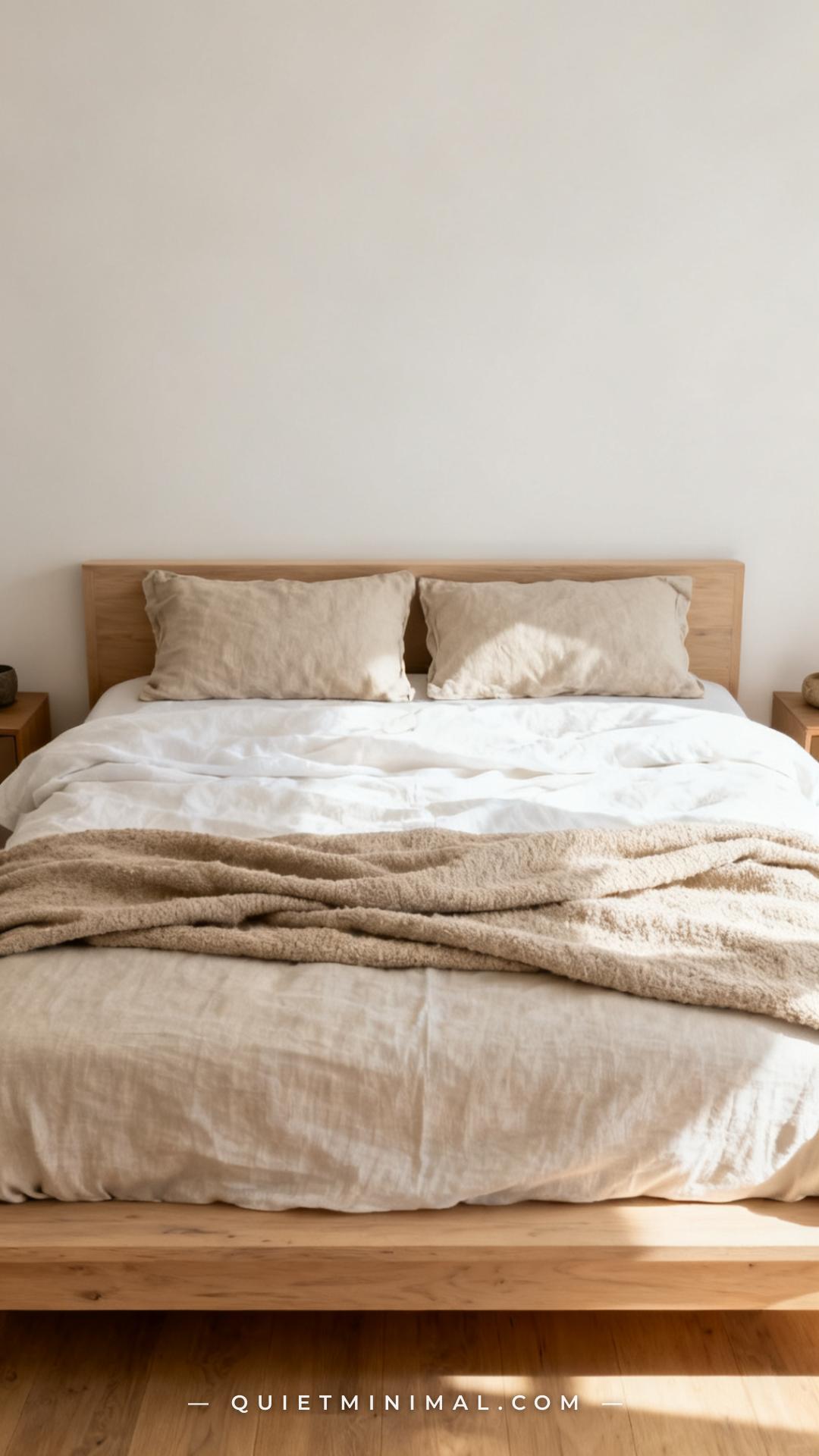A vertical wide-angle photograph of a minimalist bedroom