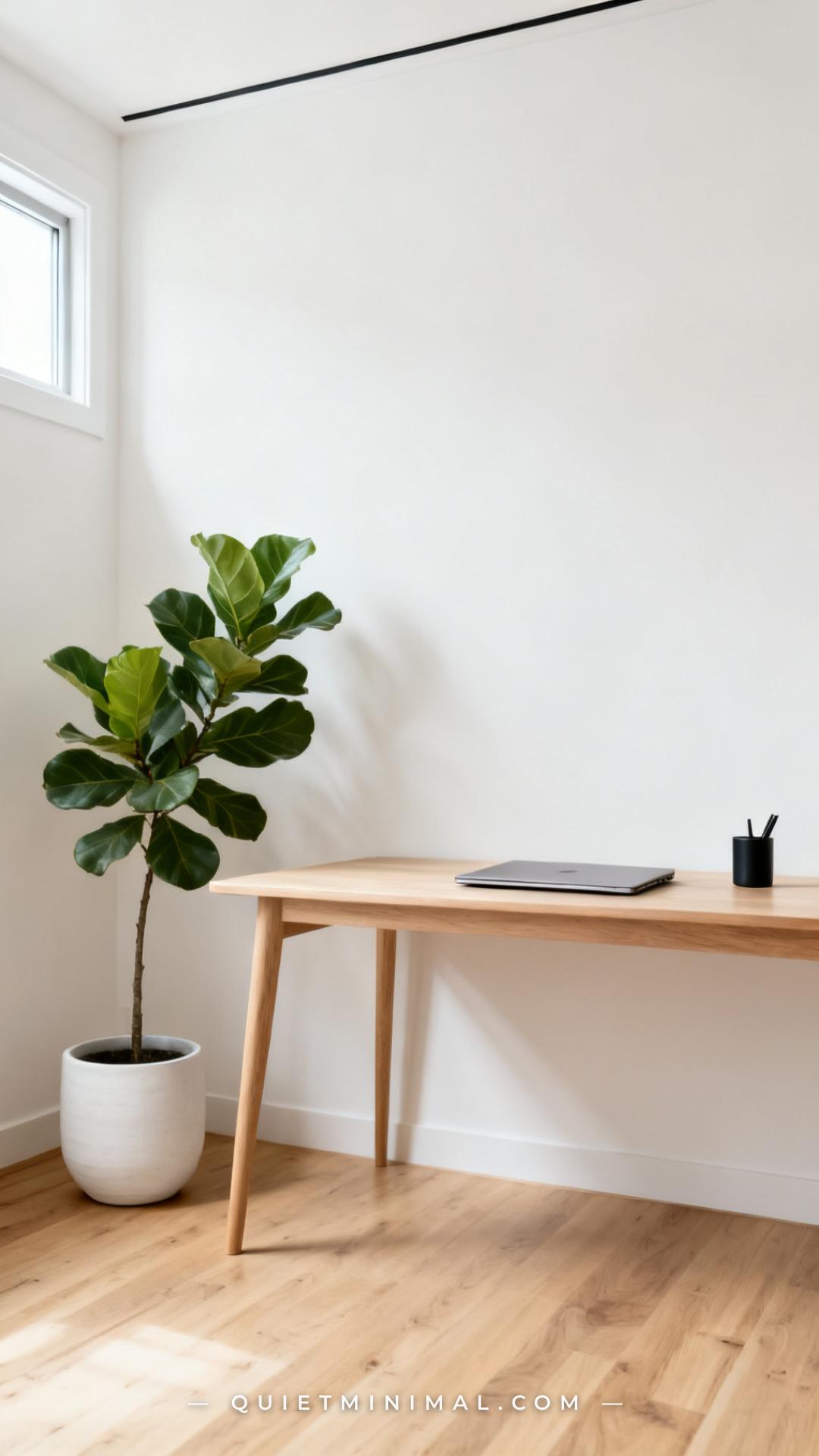 A vertical wide-angle photograph of a minimalist home office corner showing the full desk