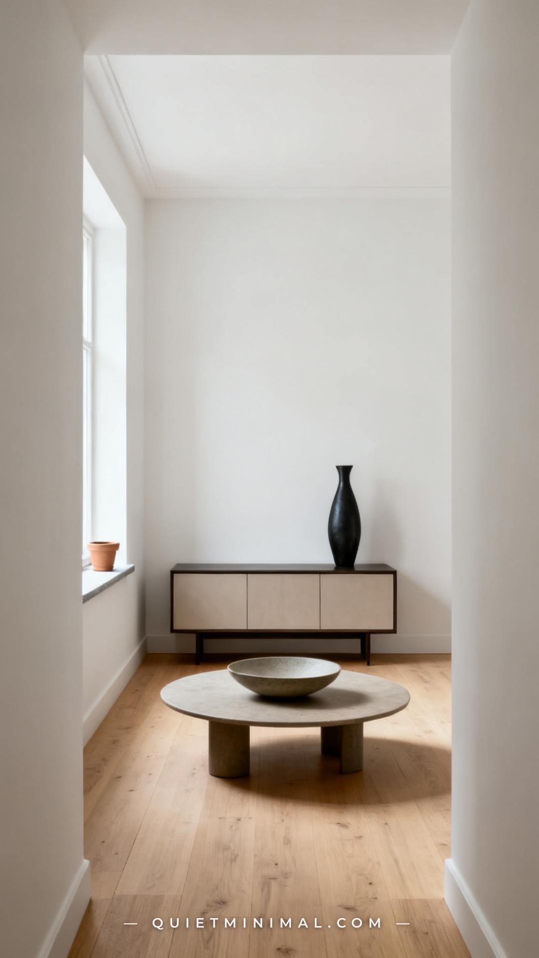 A medium-wide vertical photograph of a minimalist living room showing three distinct surfaces in a single frame: a low s