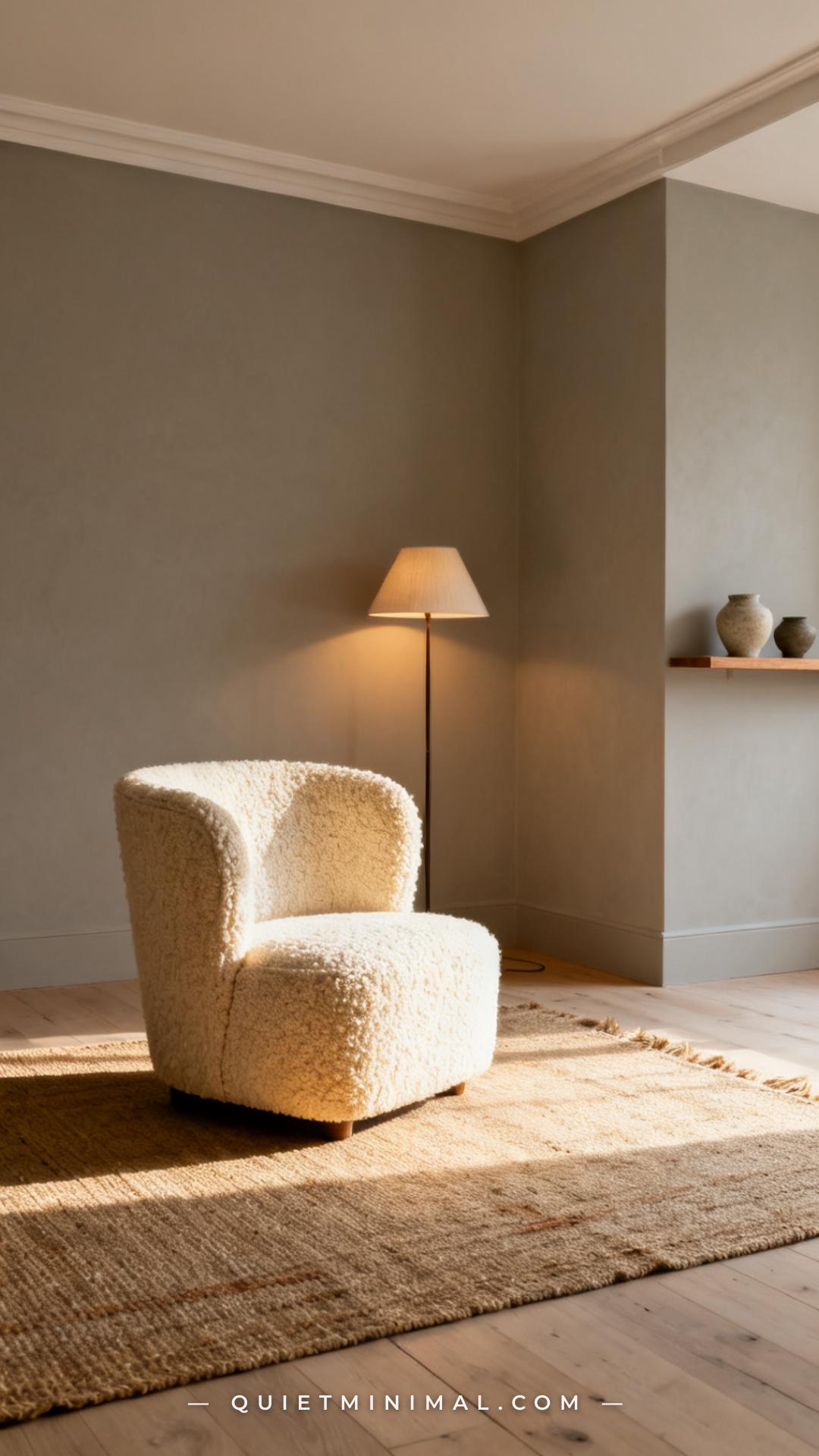 A vertical establishing shot of a minimalist living room corner showing a full floor-to-ceiling view