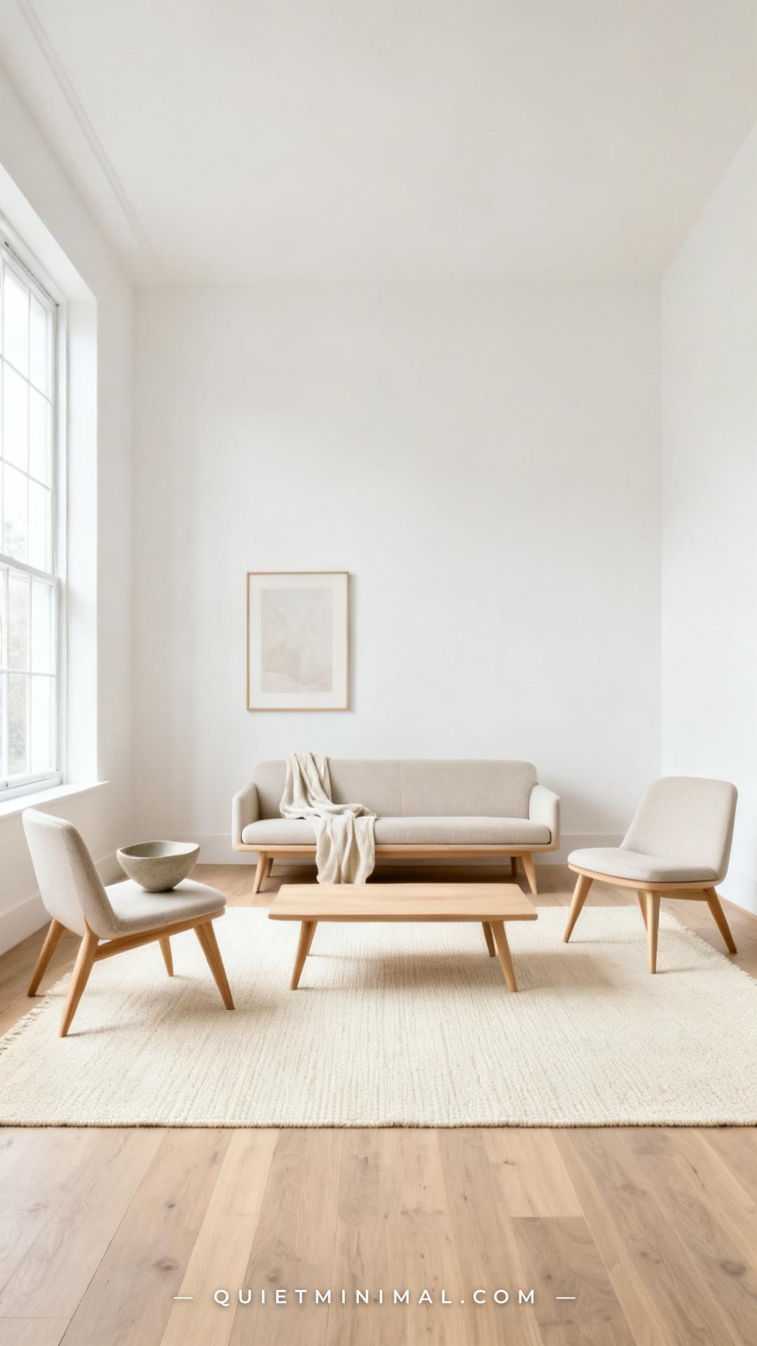A wide establishing shot of a minimalist living room showing the full room width from left wall to right wall