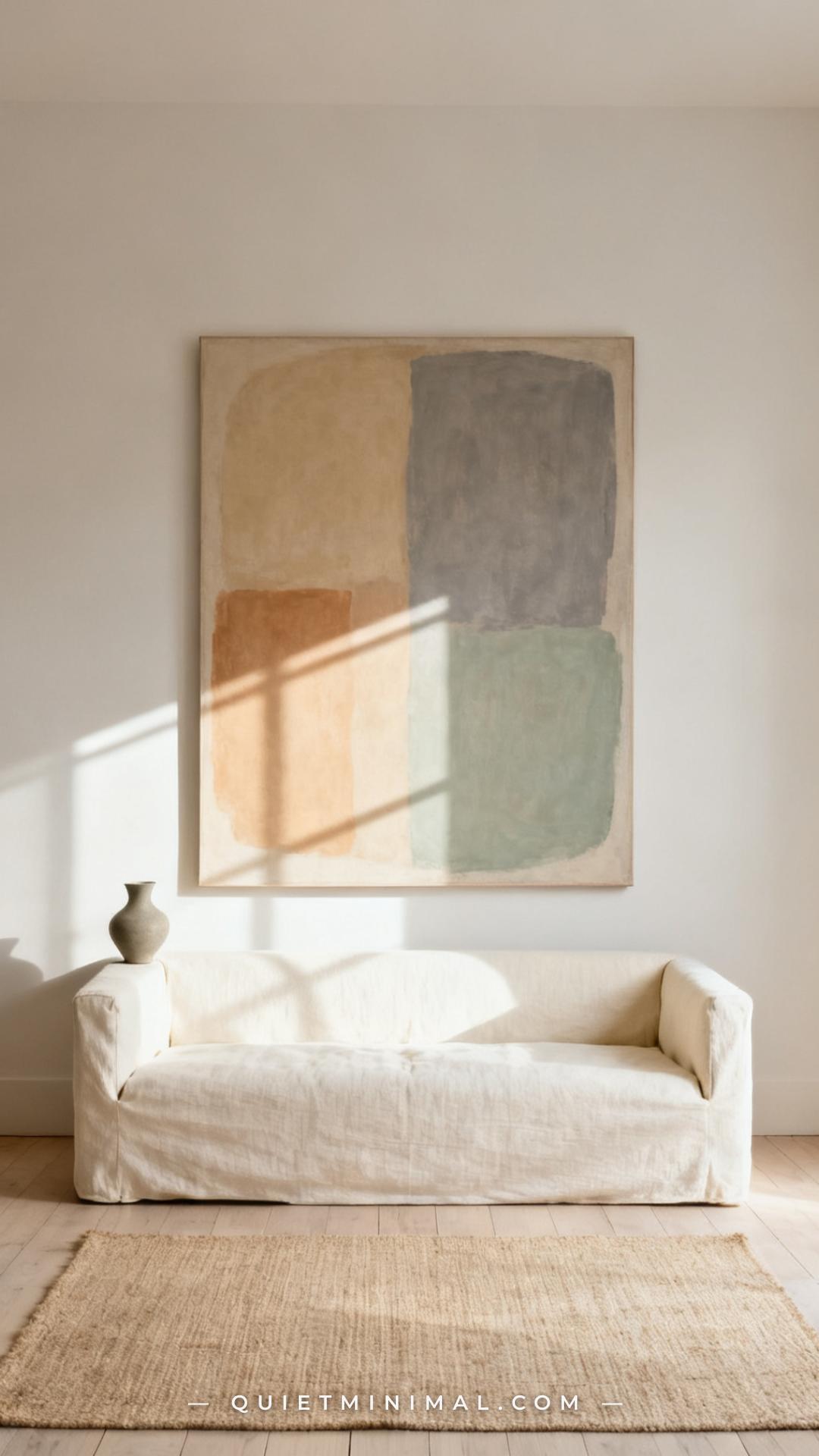 A vertical wide-angle photograph of a minimalist living room wall