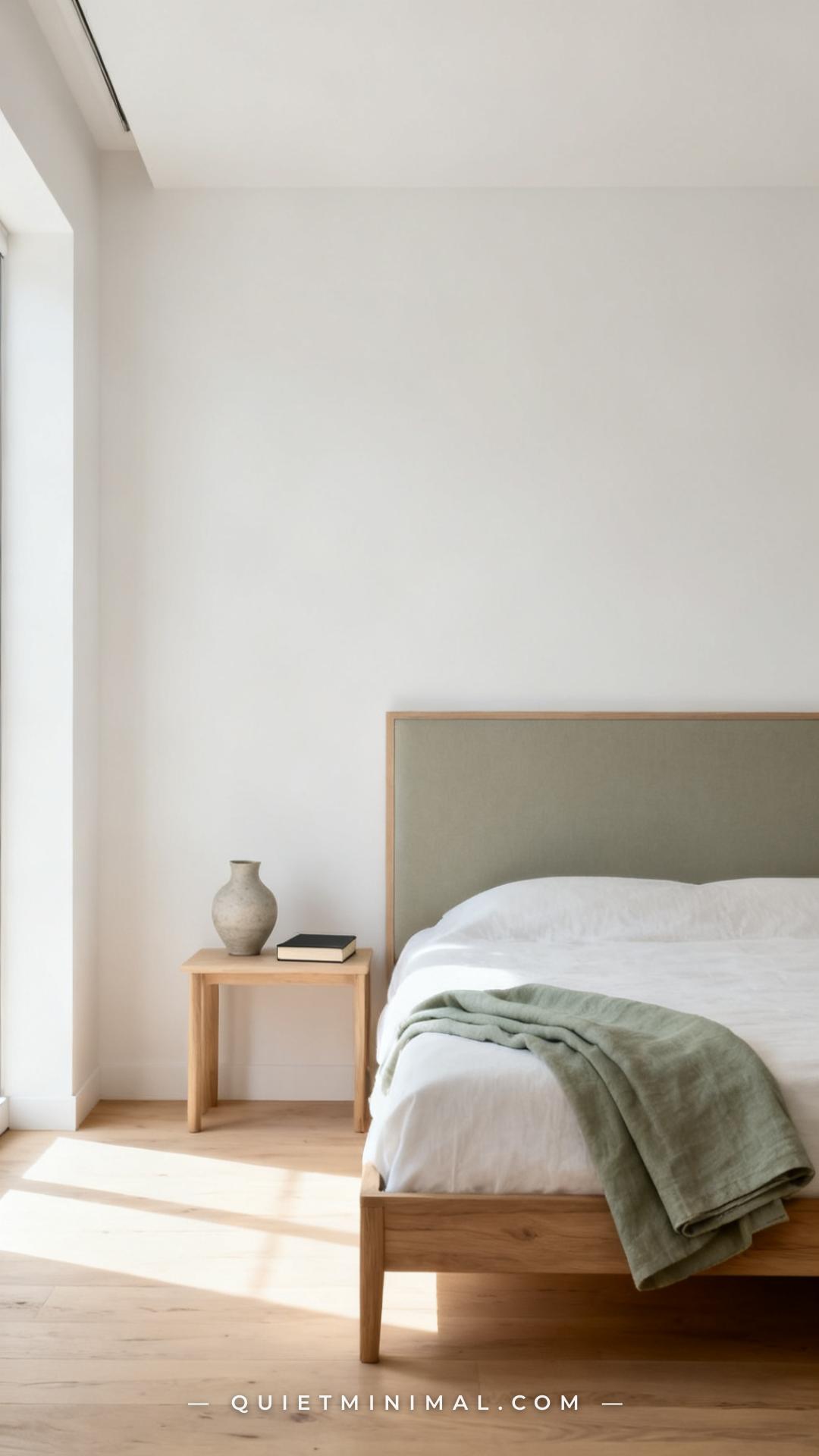 A medium-wide vertical photograph of a minimalist bedroom interior