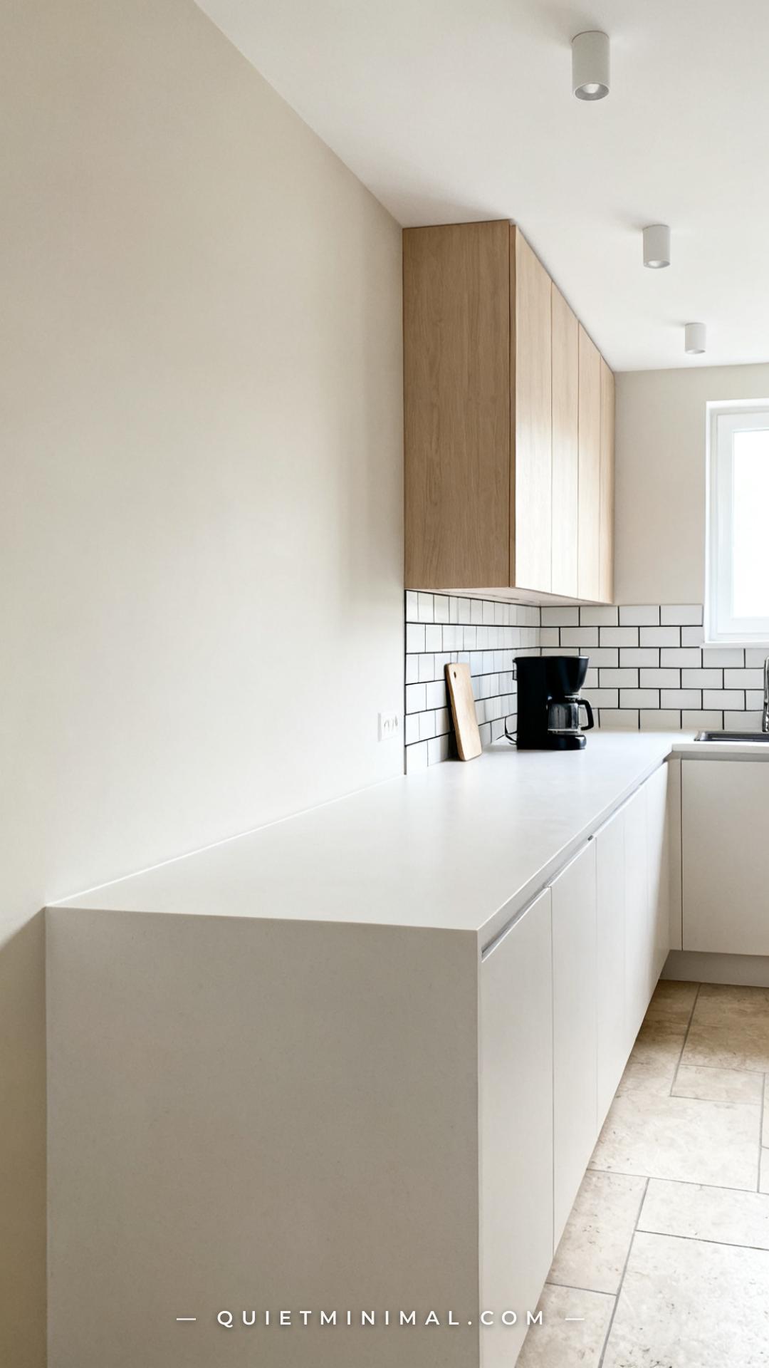 A wide establishing shot of a minimalist kitchen