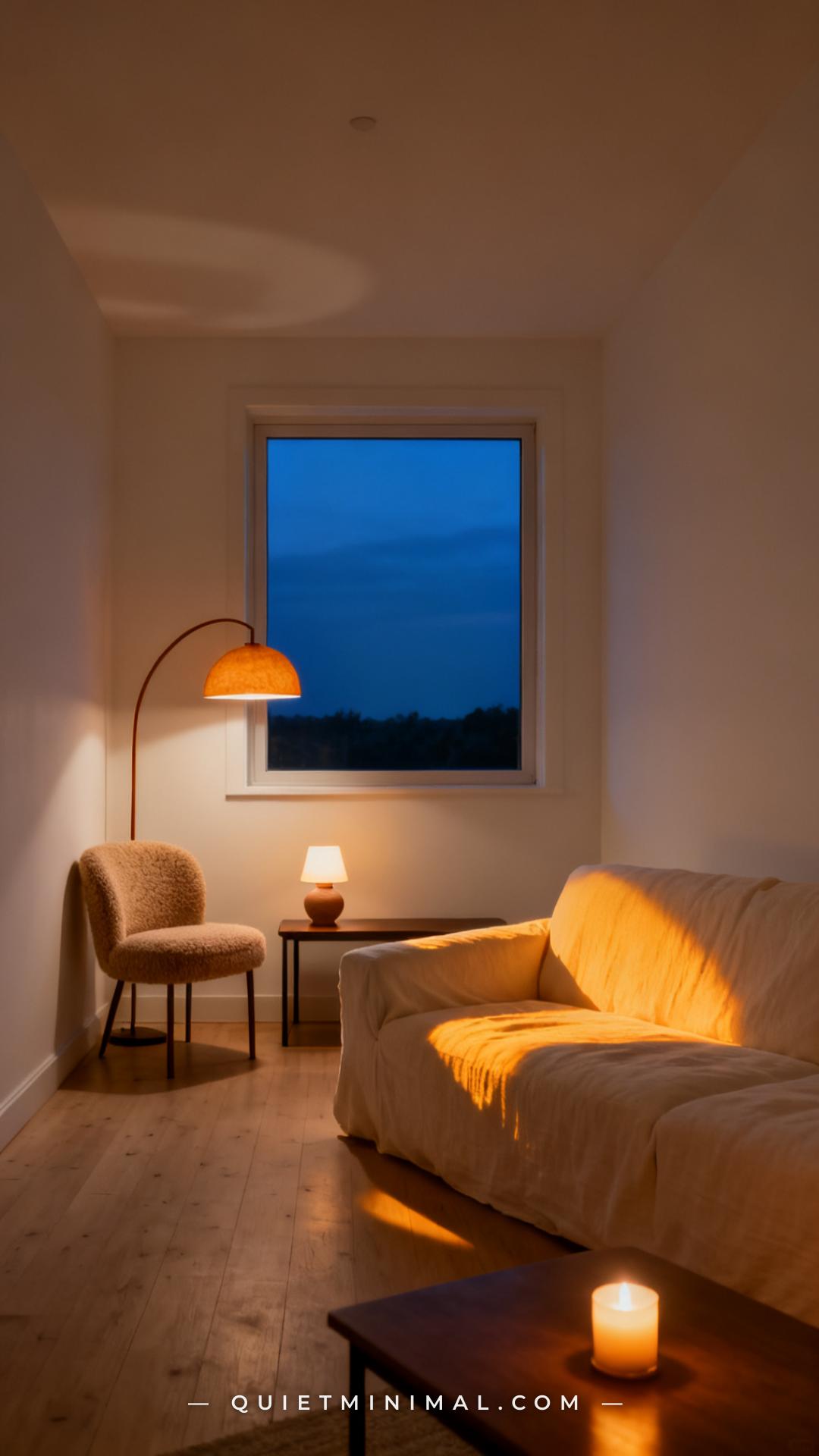A vertical wide-angle photograph of a minimalist living room at dusk