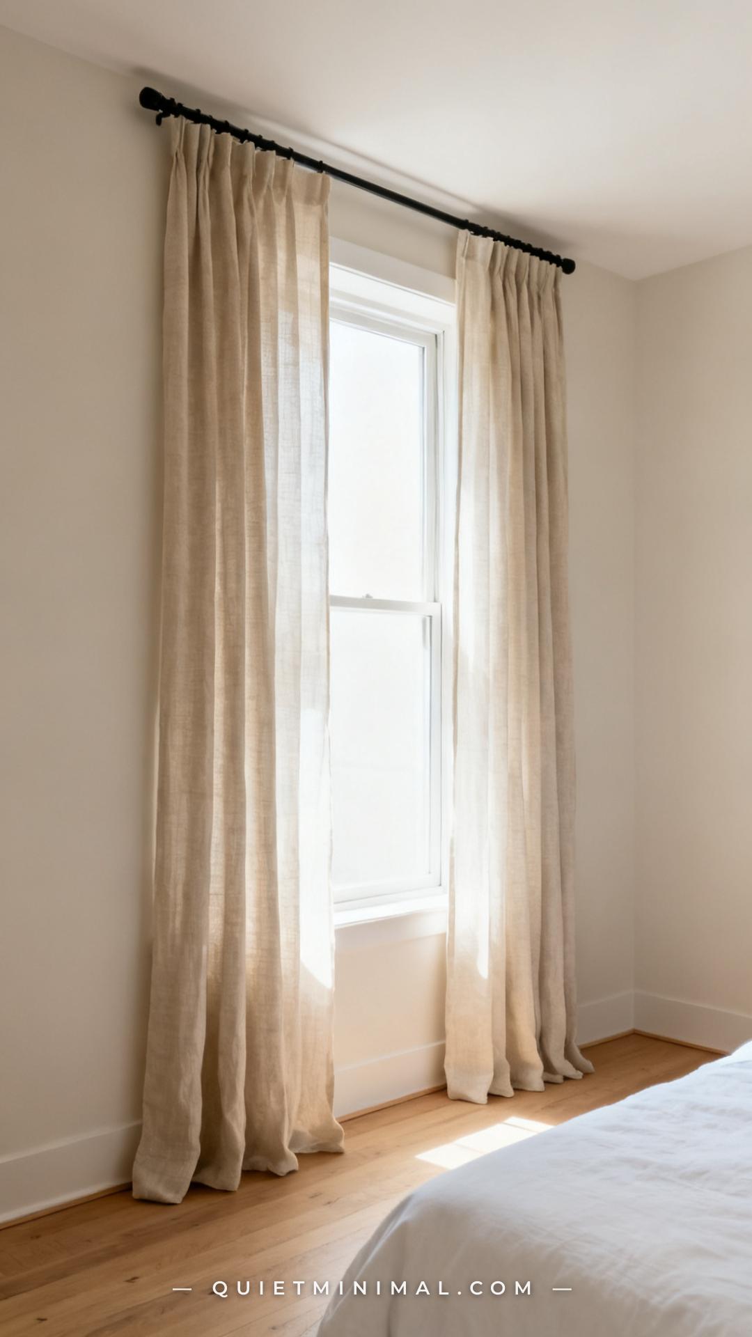 A vertical wide-angle photograph of a minimalist bedroom window wall