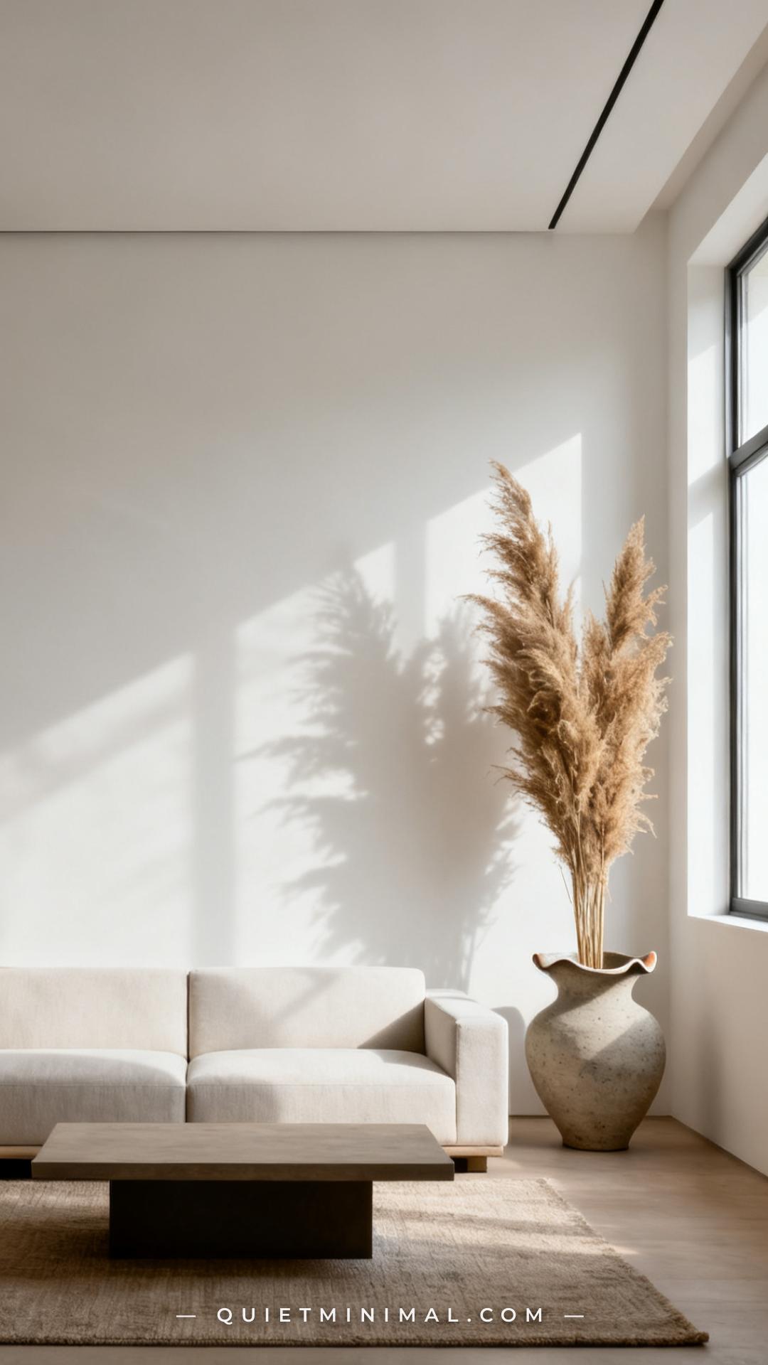 A wide-angle vertical photograph of a minimalist living room showing the full sofa wall and surrounding context