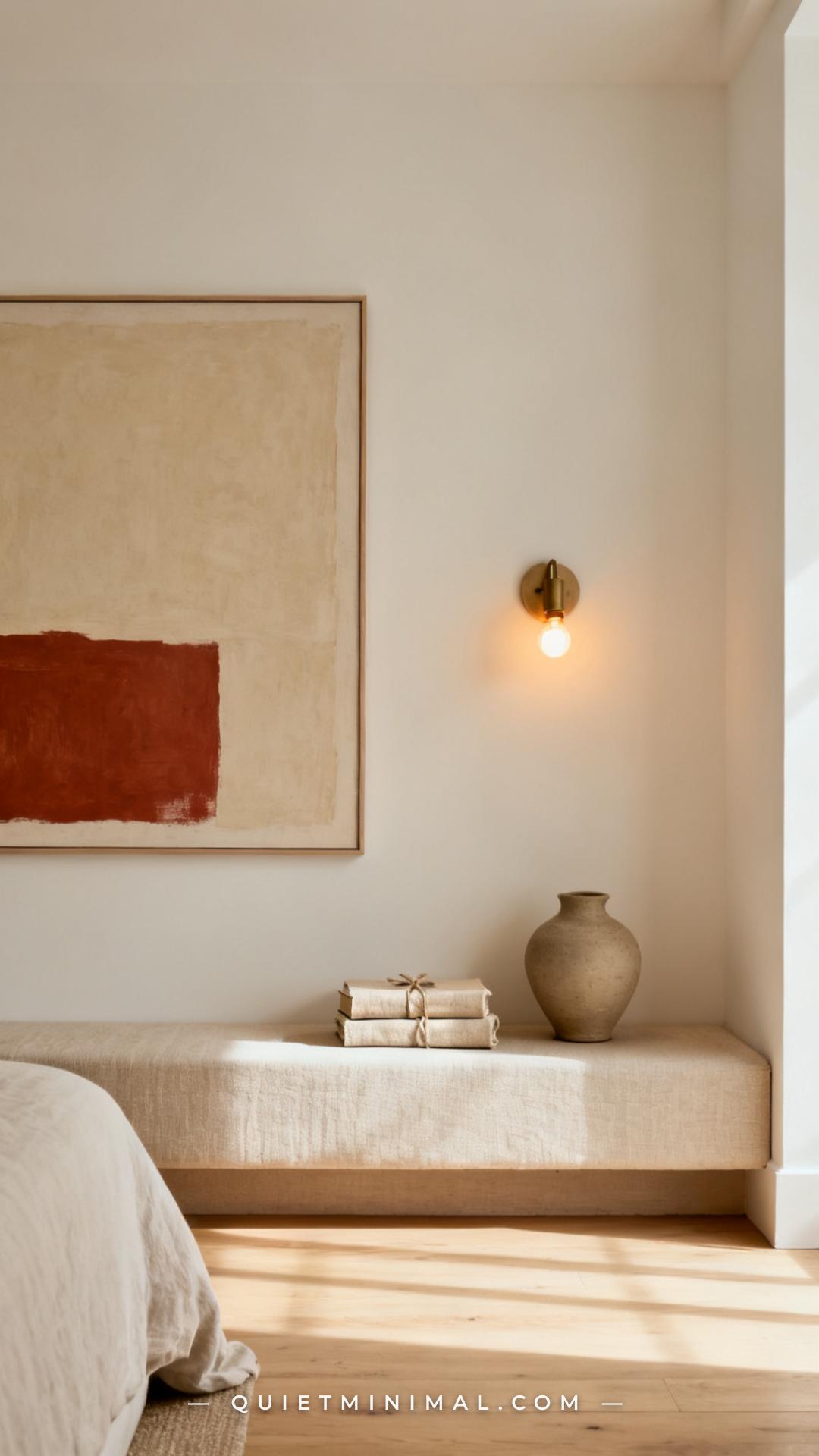 A wide-angle view of a minimalist bedroom corner shows a full wall painted in a warm