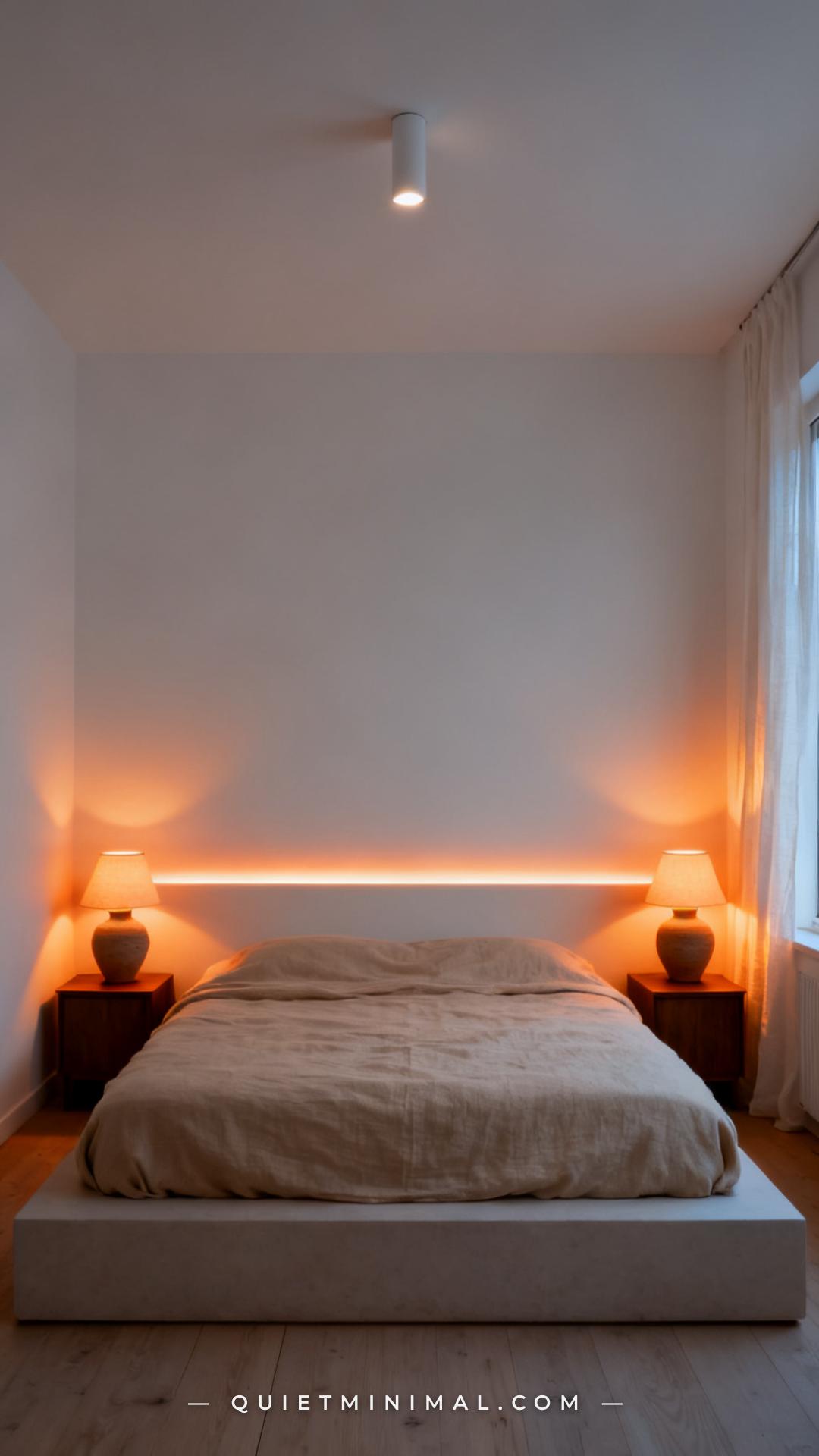 An establishing shot of a minimalist bedroom in evening light shows three distinct light sources working together: a sli