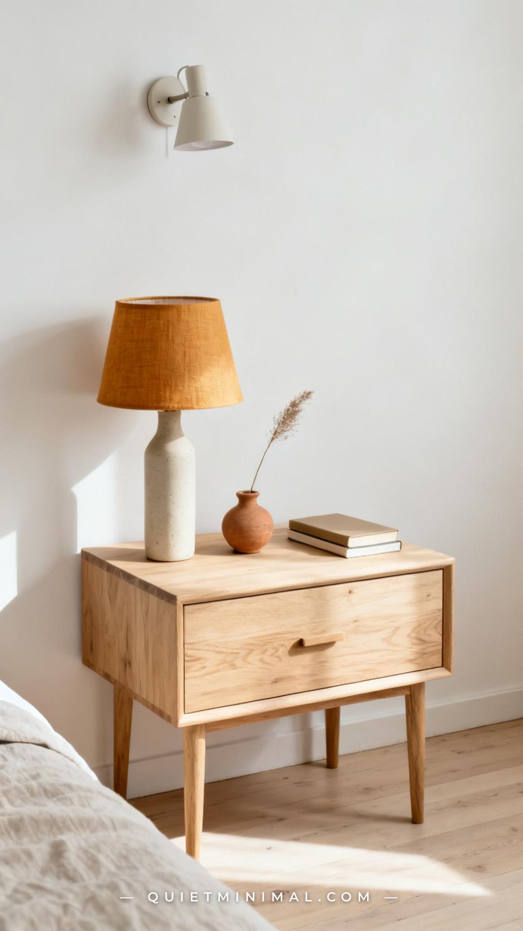 A wide establishing shot of a minimalist bedroom nightstand styled with exactly three objects: a tall