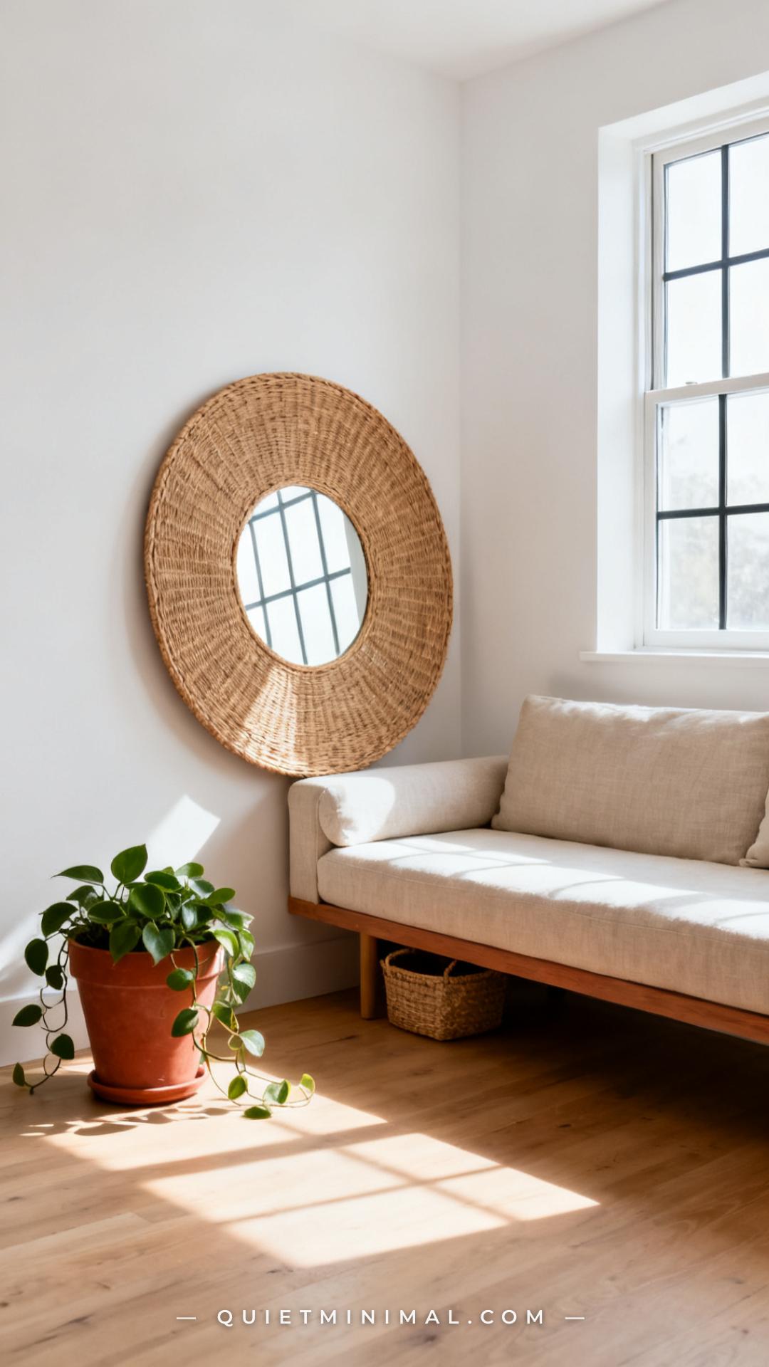 An establishing shot of a minimalist living room corner captures a round