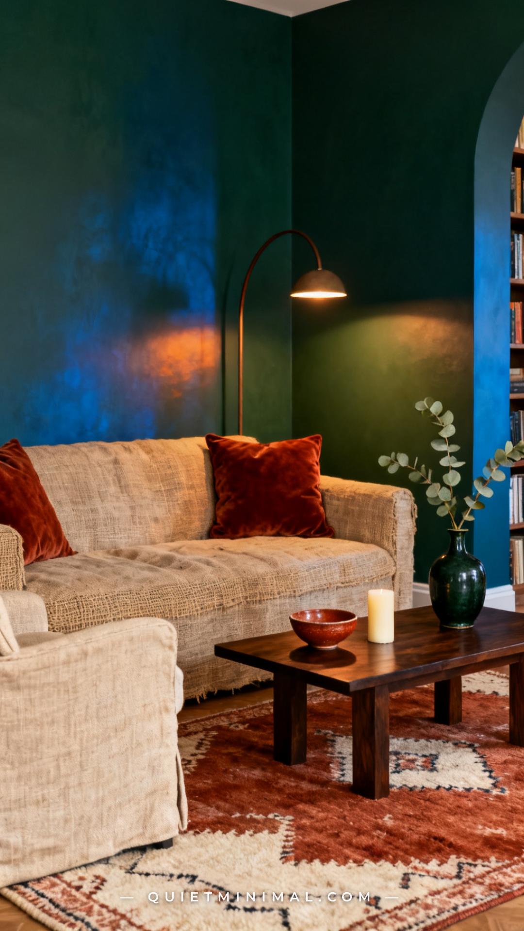 A wide establishing shot of a deeply atmospheric living room where walls are painted in dark bottle green-blue — a near-
