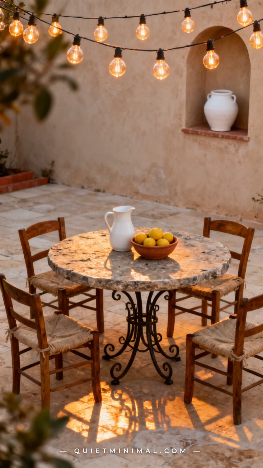 A wide photograph of a Mediterranean patio dining setup with a round stone-top table supported by a wrought iron base