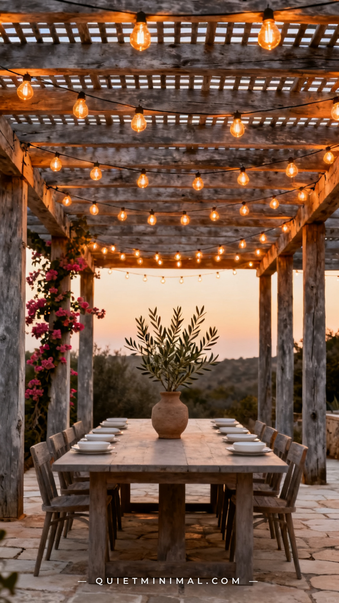 A wide vertical photograph captures the full interior of a wooden pergola with Edison string lights woven through the ov