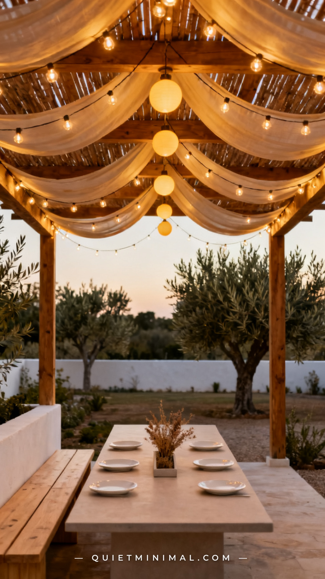 A vertical establishing shot of a pergola-covered patio with string lights hung in a generous catenary curve — sagging n