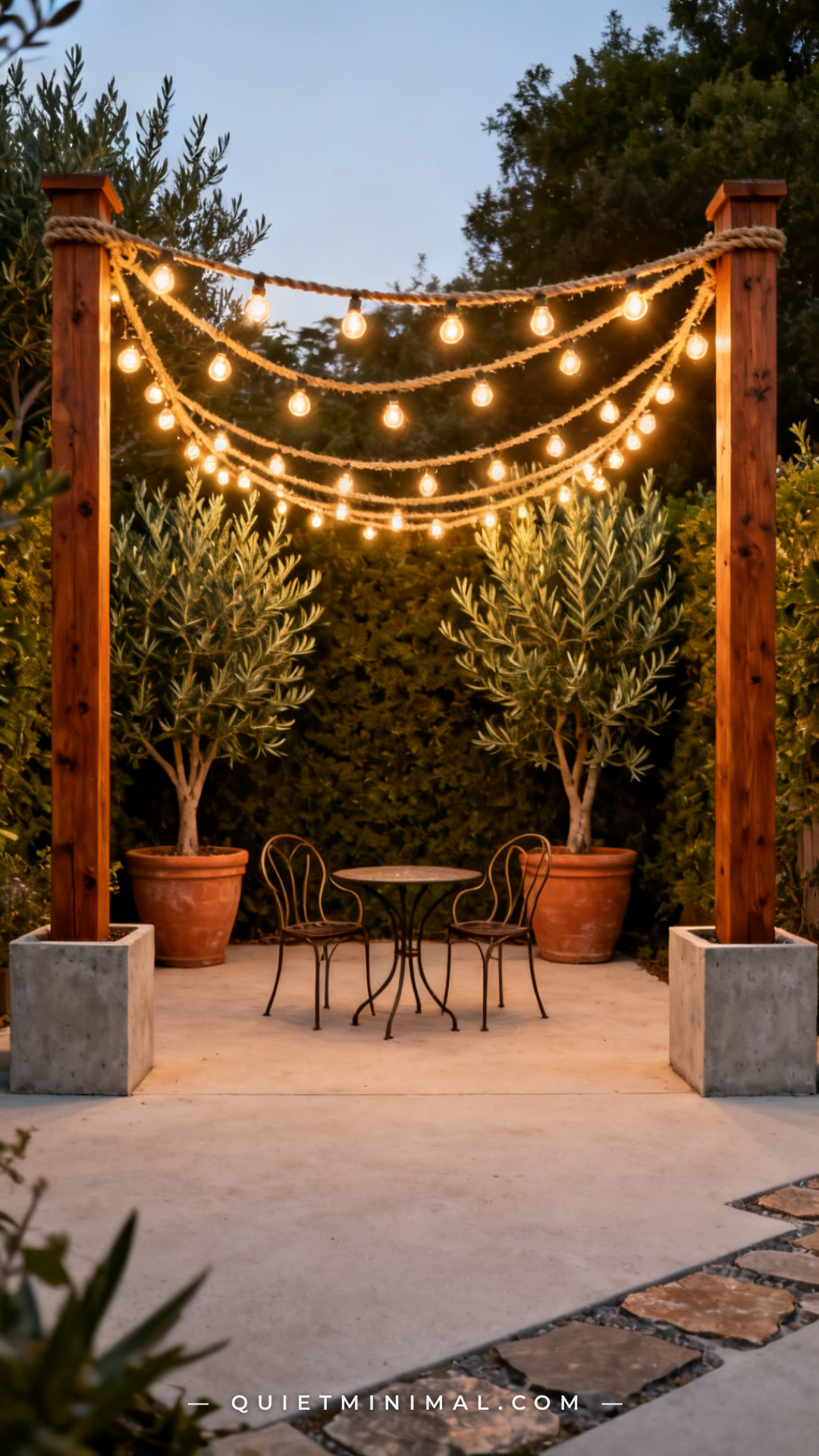 A wide establishing photograph of a backyard patio with a simple DIY wooden post system supporting string lights