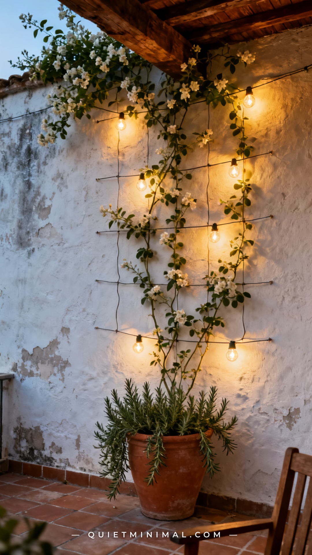 A vertical photograph of a patio wall with a climbing jasmine vine trained along horizontal wire guides fixed to an aged