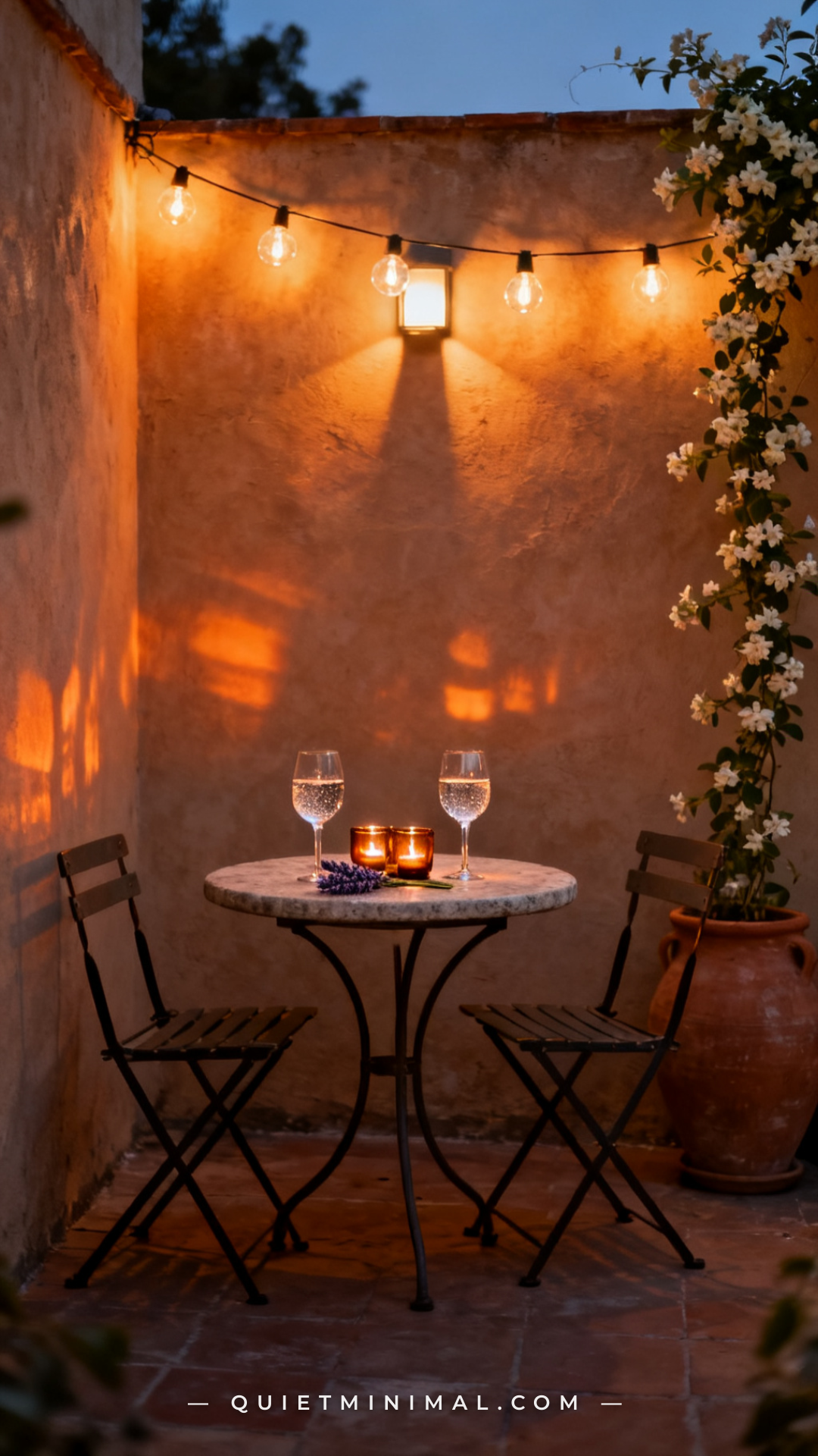 A medium-wide photograph of a small walled patio at three-quarter dusk