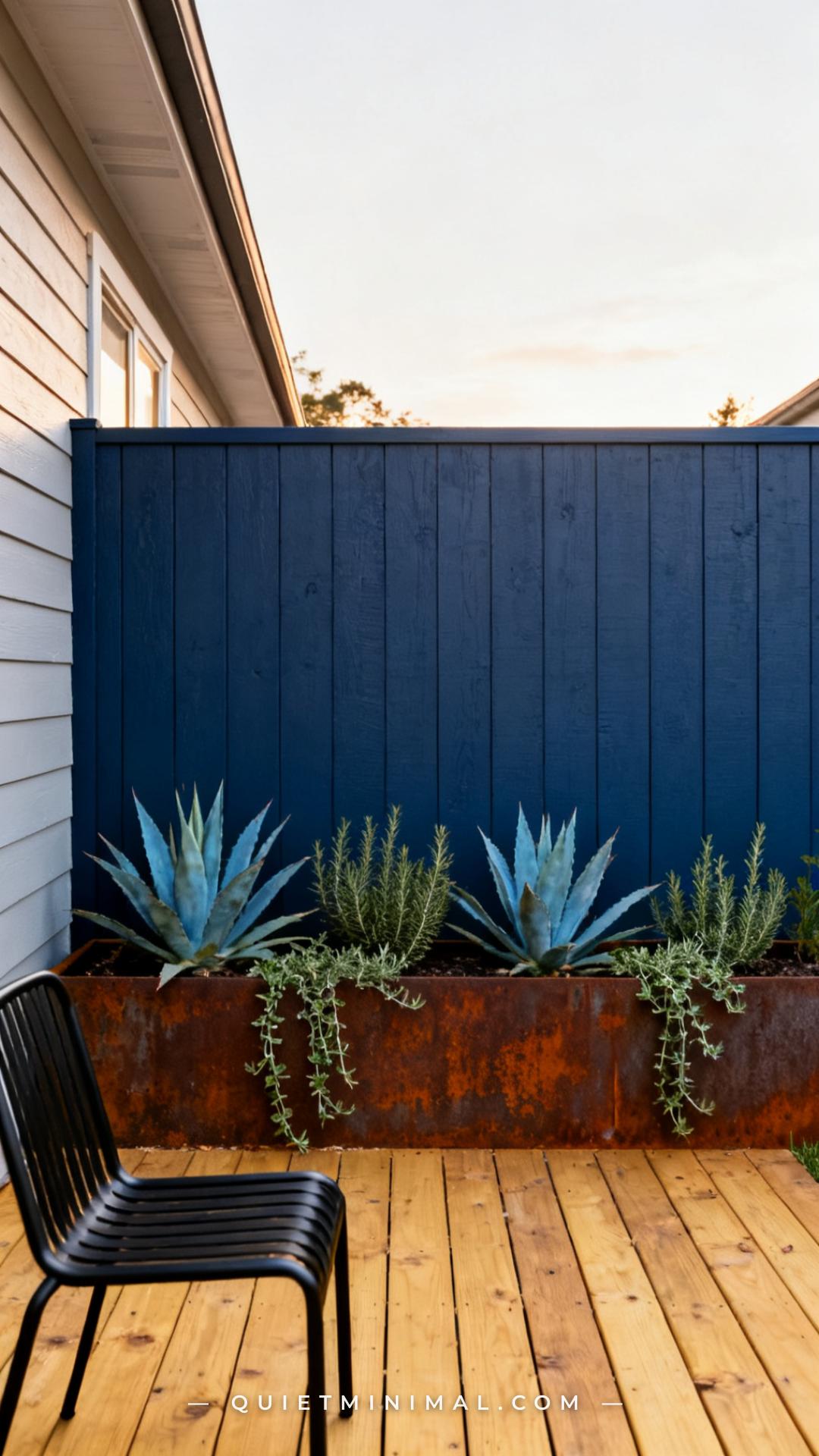 A medium-wide photograph captures a backyard fence painted in a deep blue-charcoal shade