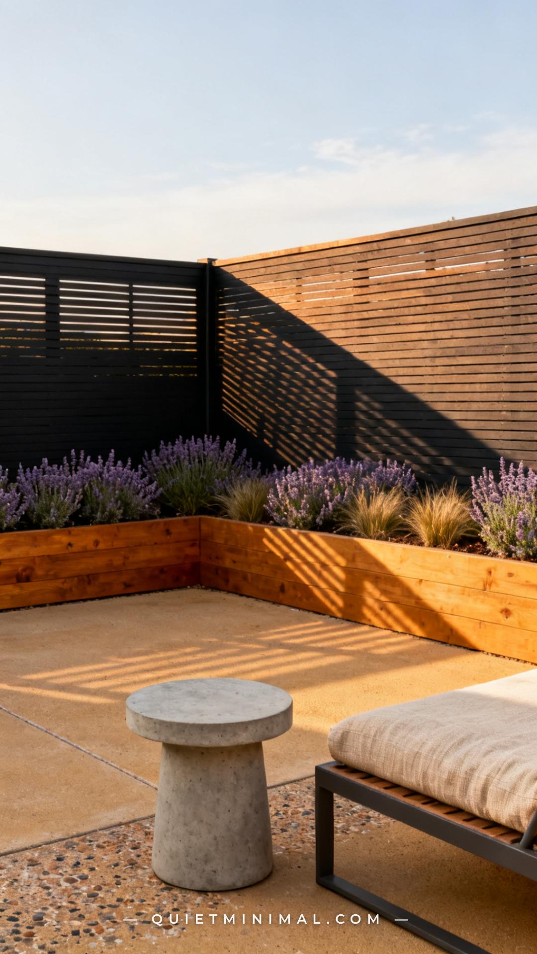 A wide-angle photograph from across the backyard shows a fence painted in warm dark charcoal meeting a corner where two