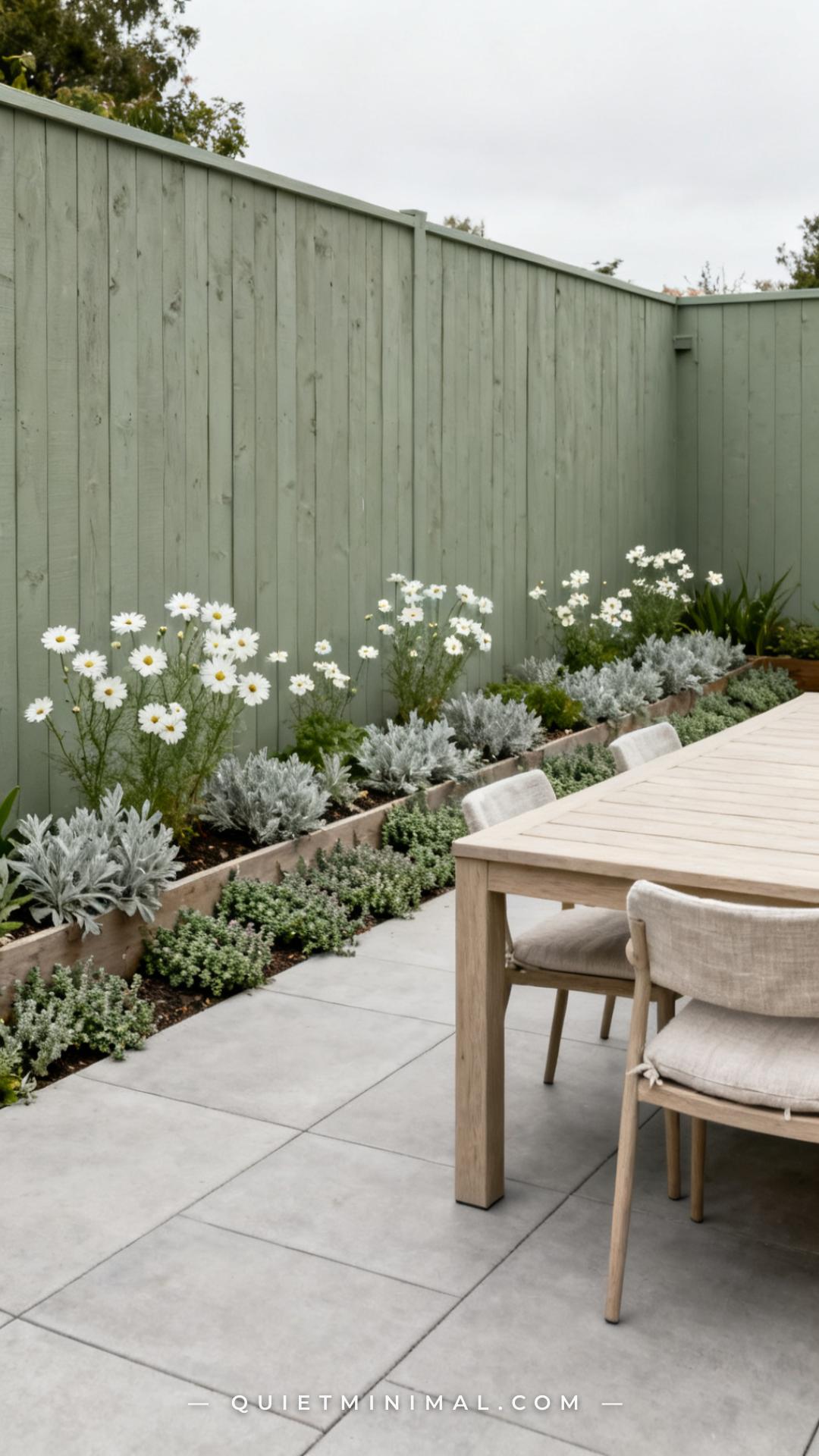 An establishing vertical photograph of a backyard fence painted in a muted