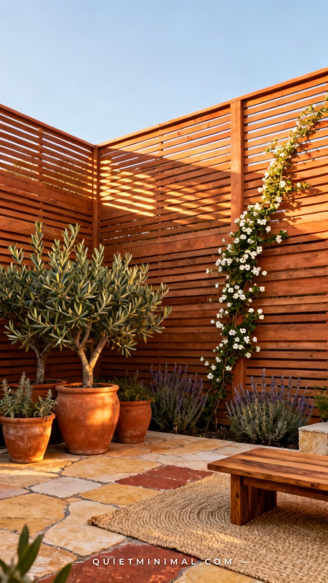 A wide establishing shot of a backyard fence painted in a warm terracotta-clay tone