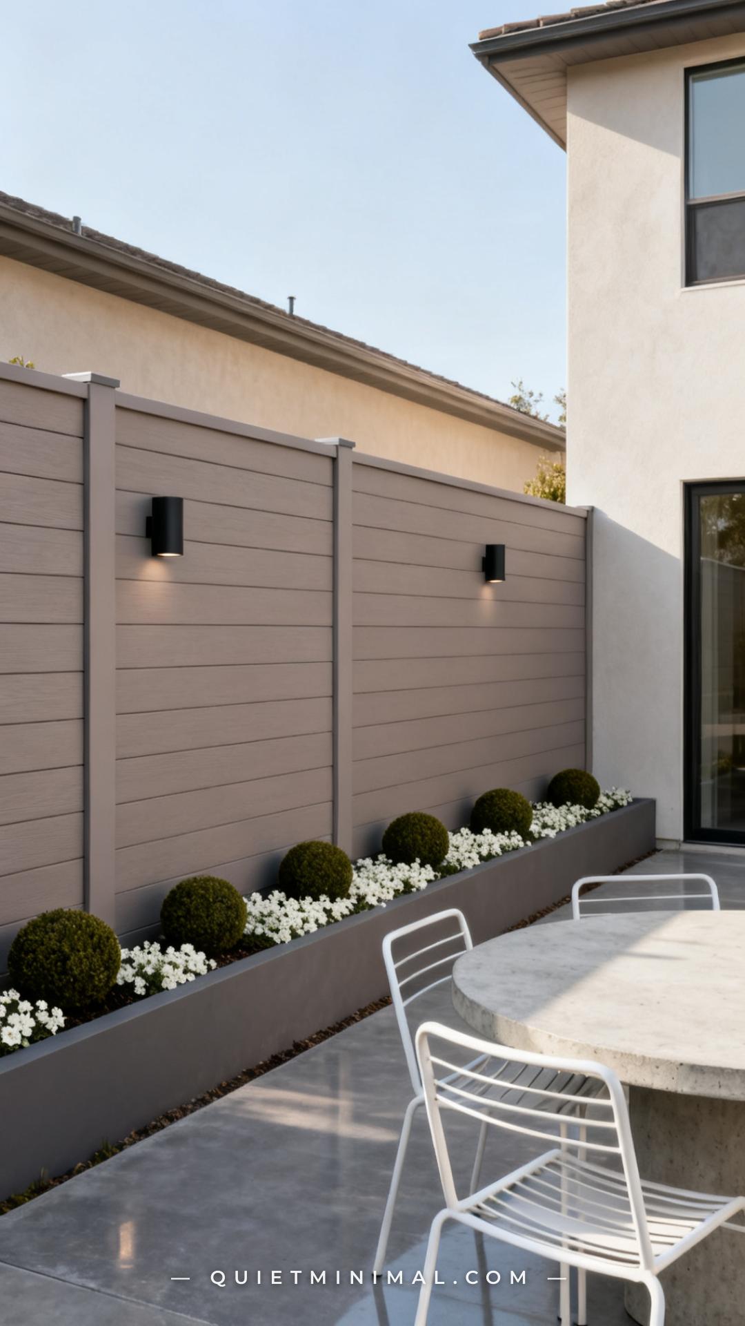 A medium-wide photograph of a backyard fence painted in a soft