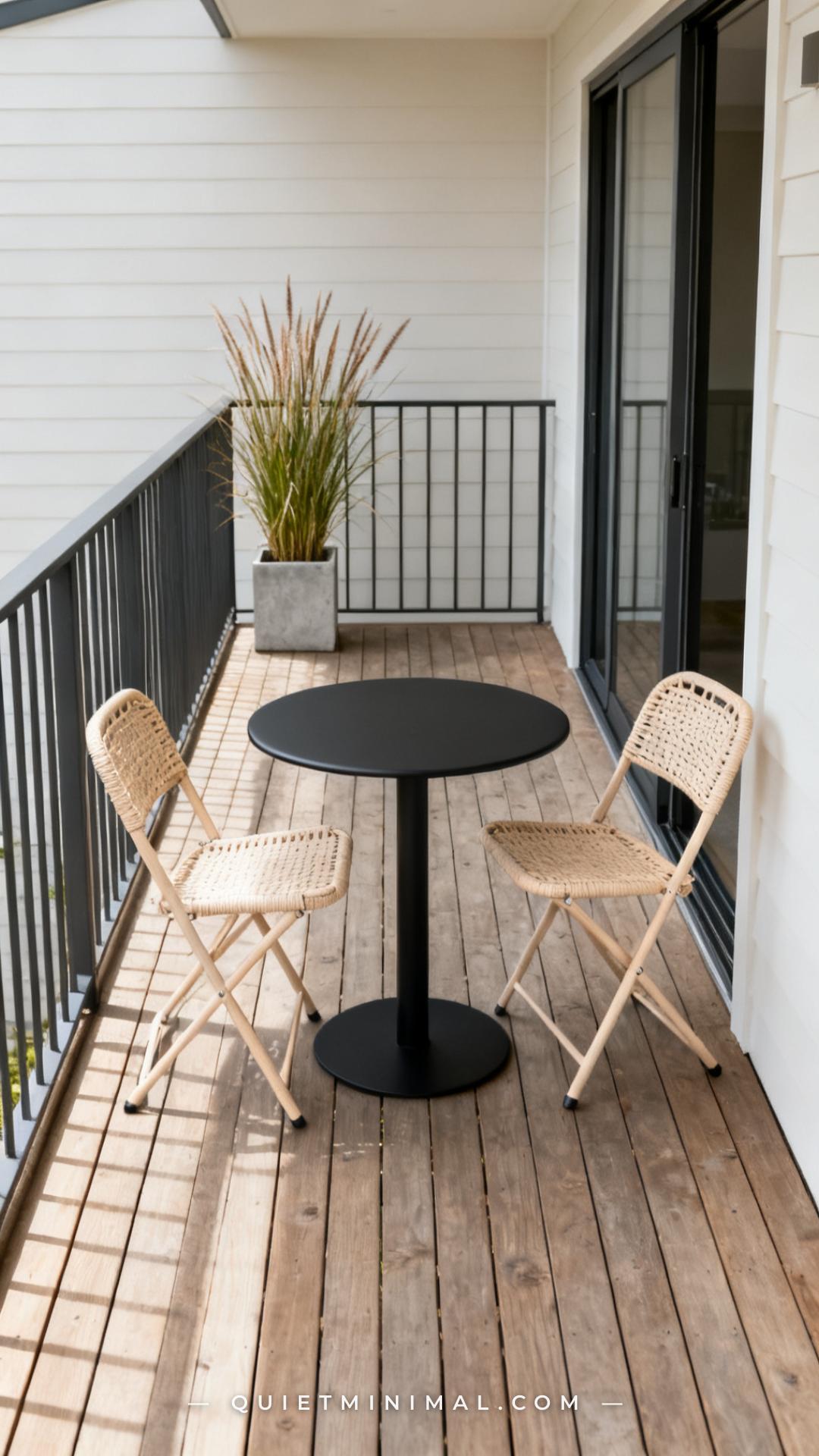 A vertical photograph captures a medium-wide view of a small rectangular deck with a round bistro-style table in powder-