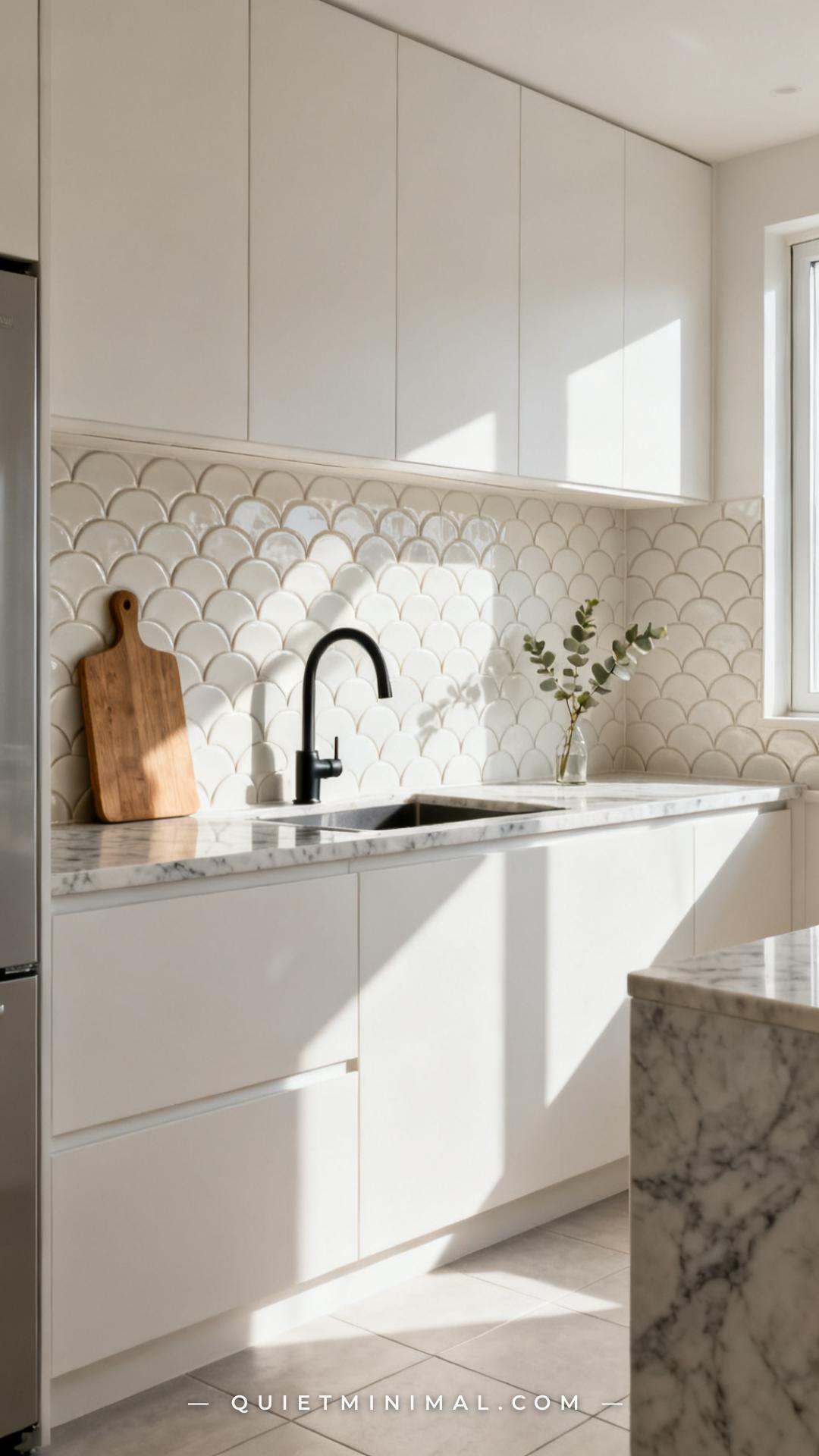 A vertical photograph of a medium-wide kitchen view showing the main cooking wall with a scalloped ceramic tile backspla