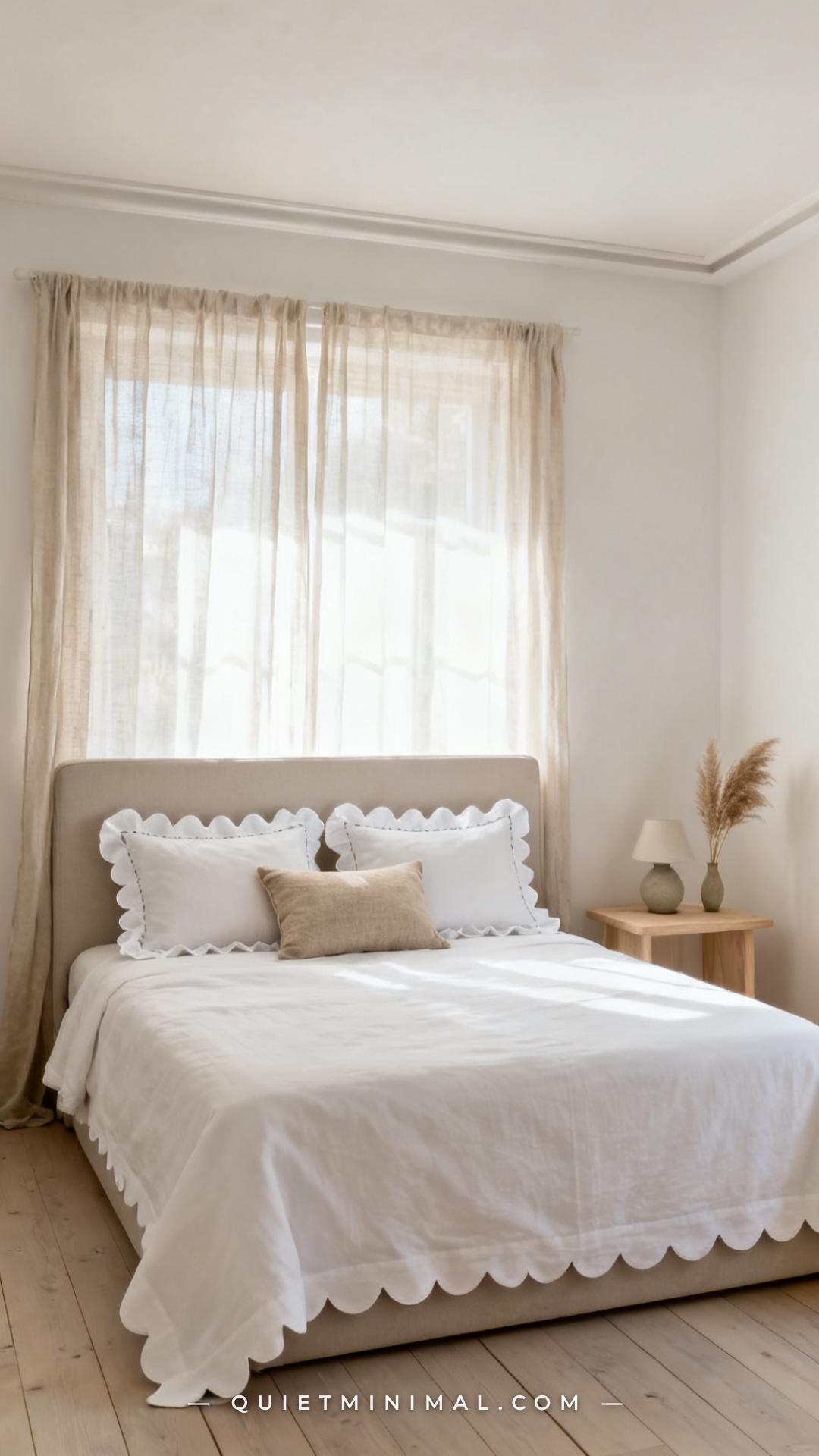 A wide vertical photograph captures the full width of a primary bedroom bed against a soft white-plaster wall