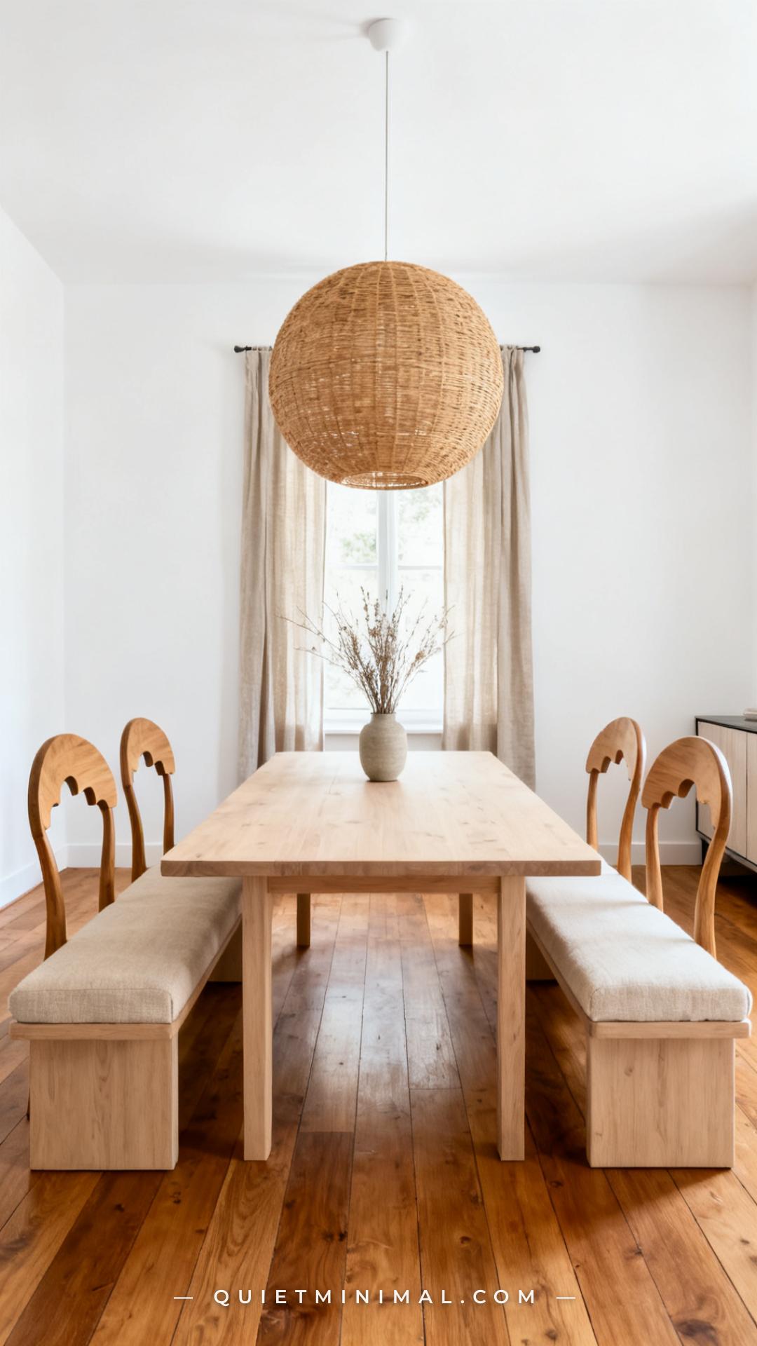 A wide establishing shot of a dining room showing a rectangular pale oak table surrounded by chairs