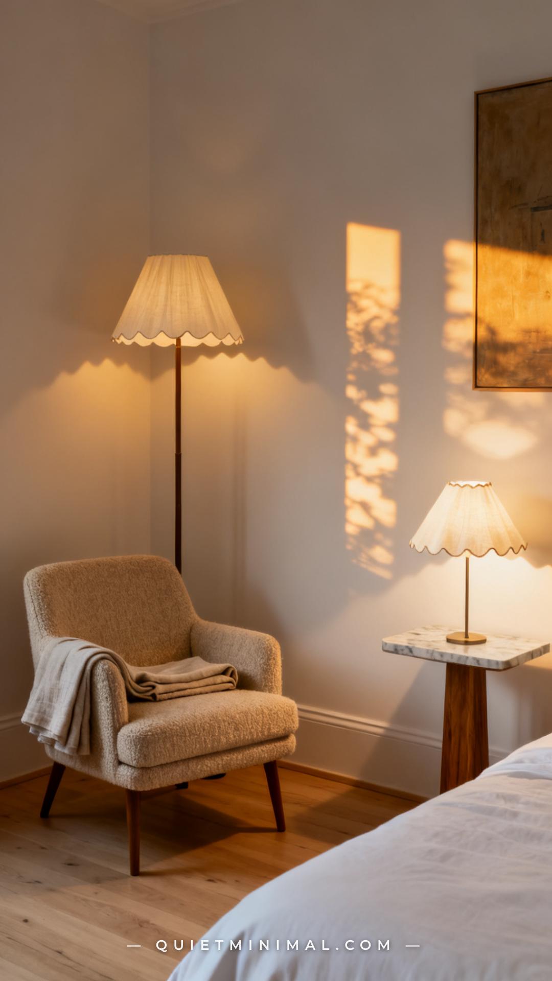 A vertical wide photograph captures a bedroom corner at dusk