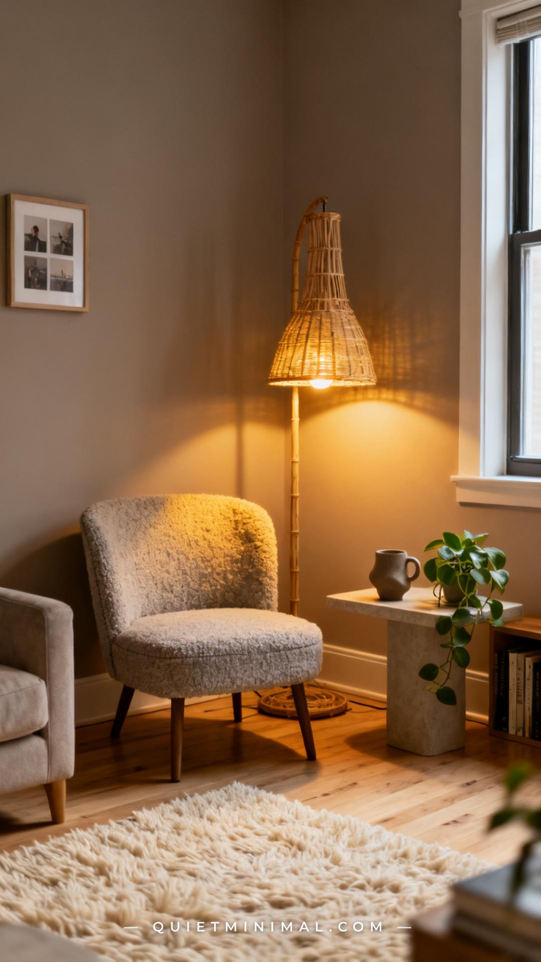 A vertical photograph captures a small apartment living room corner showing the full arc of a tall rattan floor lamp sta