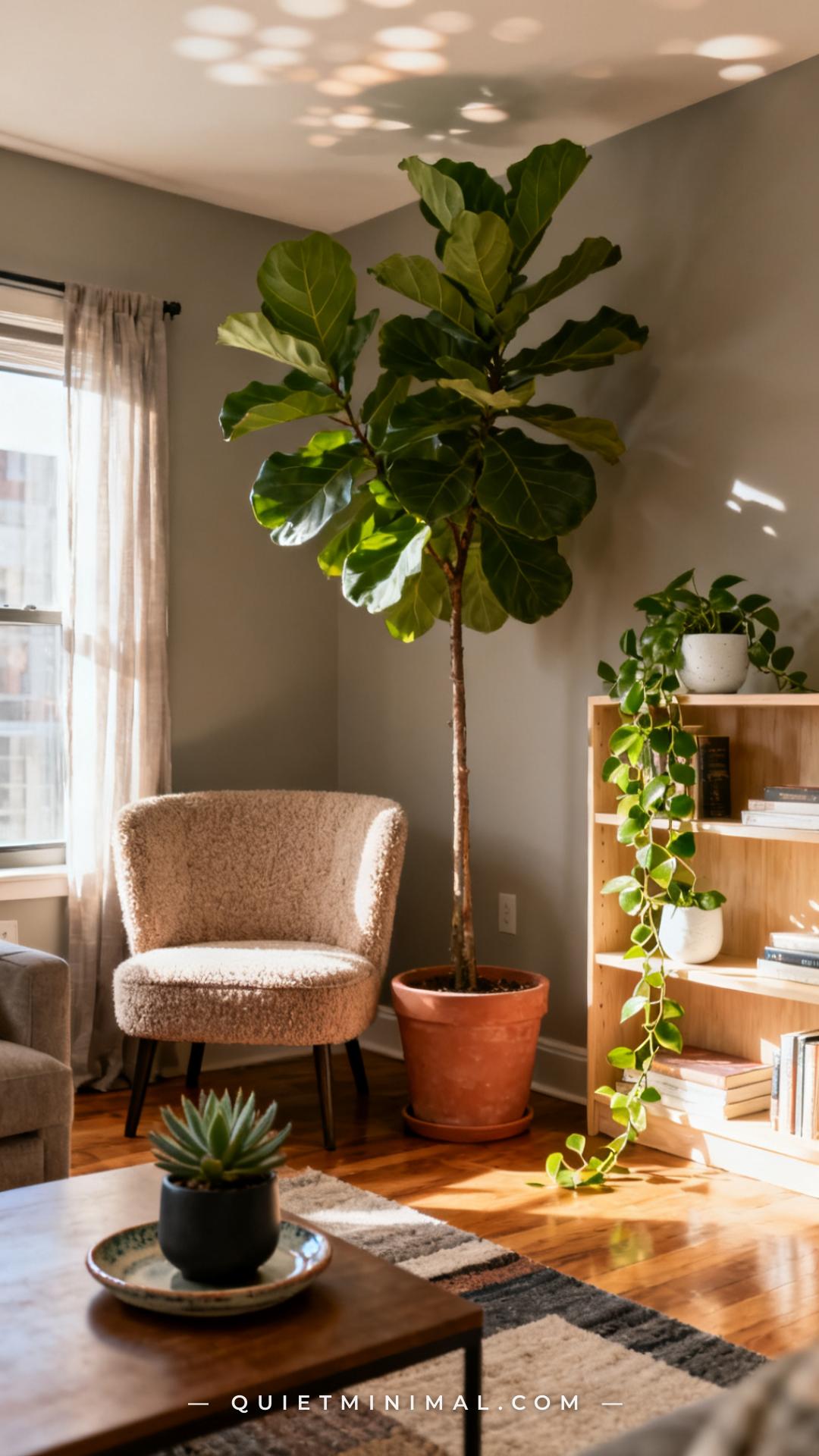 A wide vertical photograph shows the full corner of a small apartment living room with plants at three distinct heights