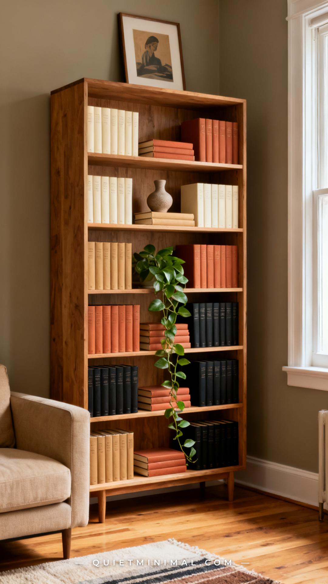 A vertical photograph captures the full height of a freestanding open bookshelf — five shelves