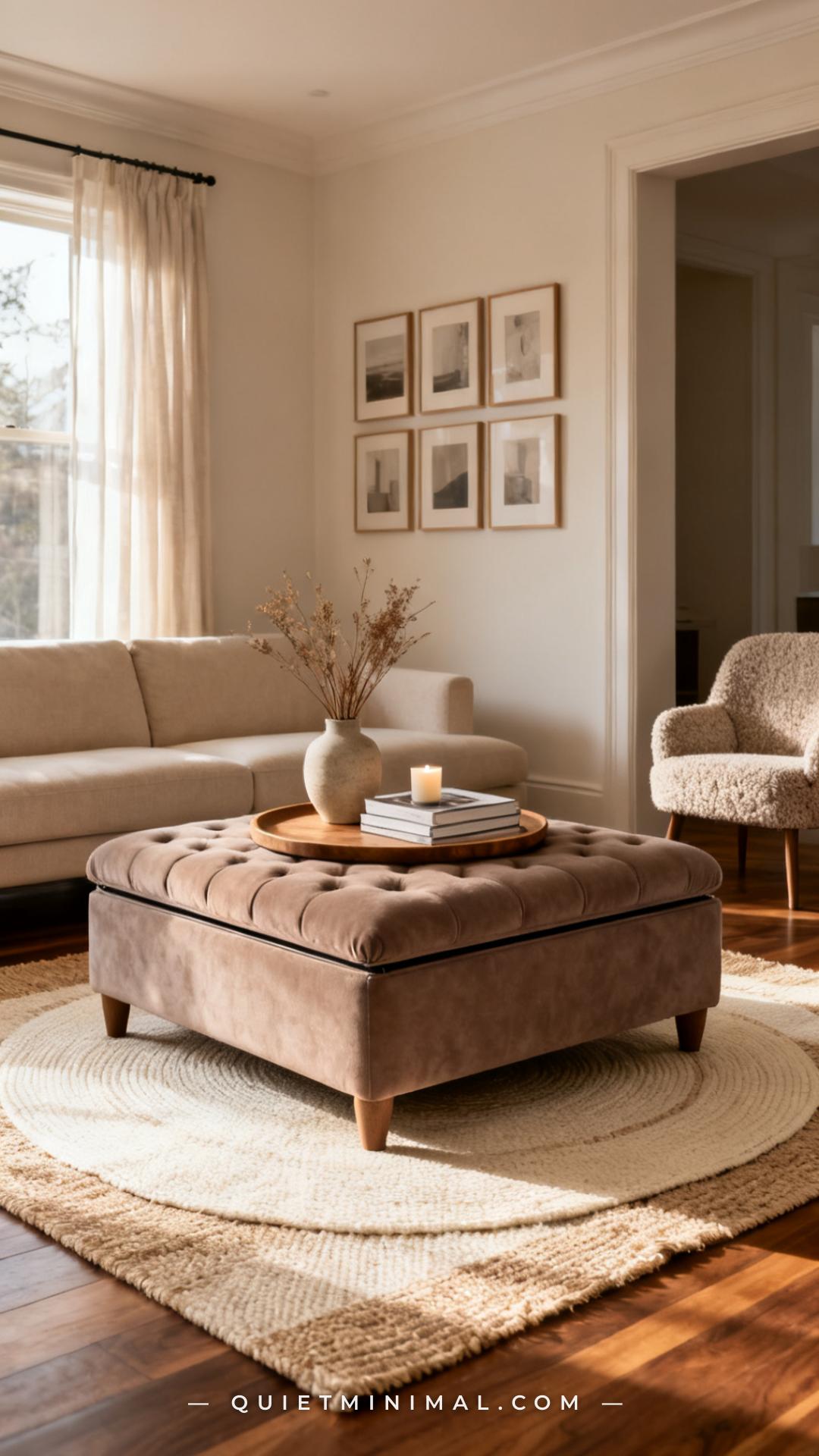 A wide vertical photograph shows a full small apartment living room with a large upholstered storage ottoman in warm tau