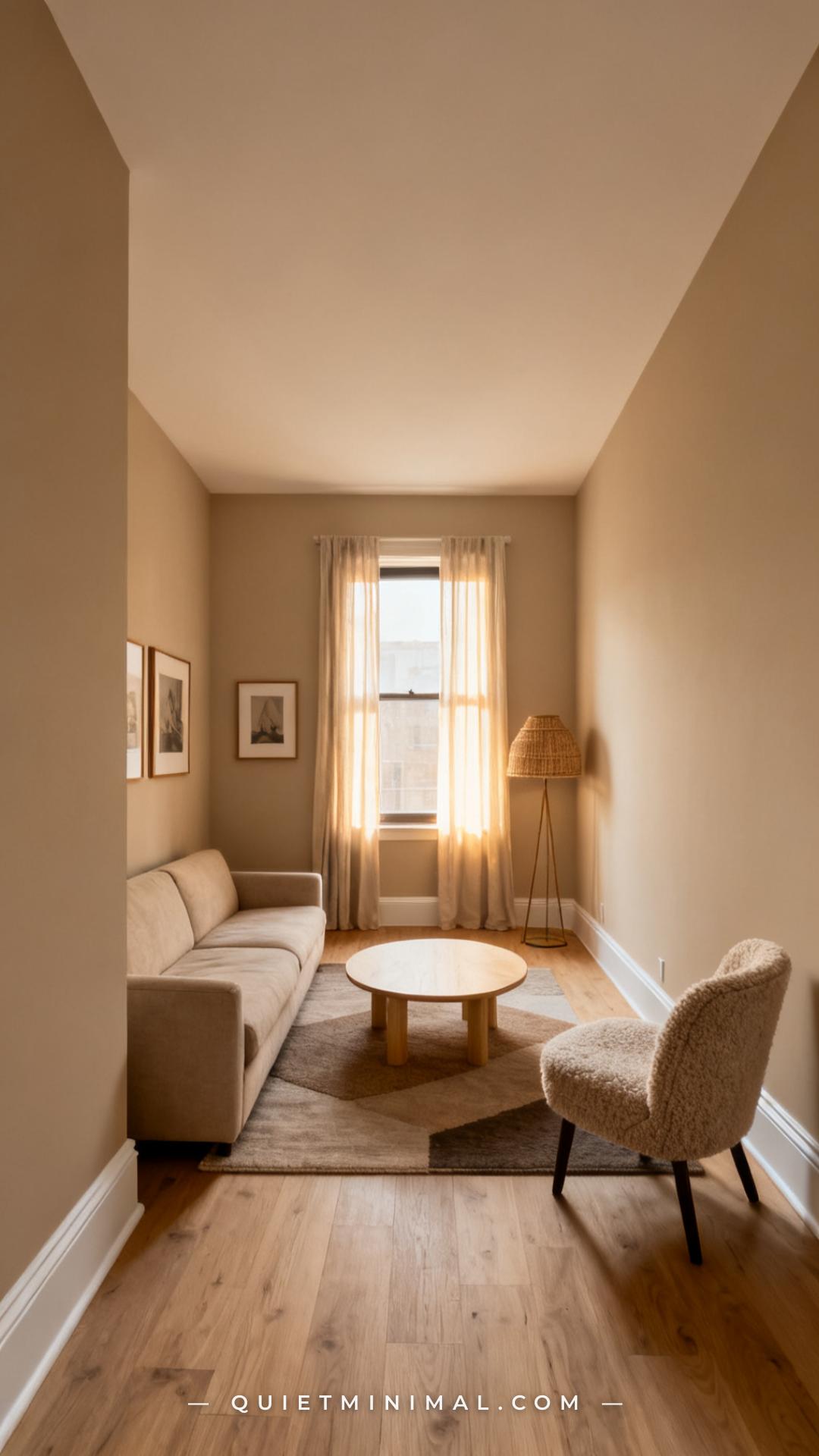 A wide-angle vertical photograph shows a complete view of a small apartment living room where the walls and ceiling are