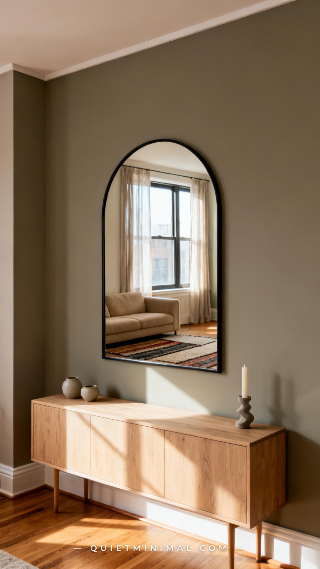 A vertical photograph captures the full living room wall opposite the window in a small apartment — a large round arch-t
