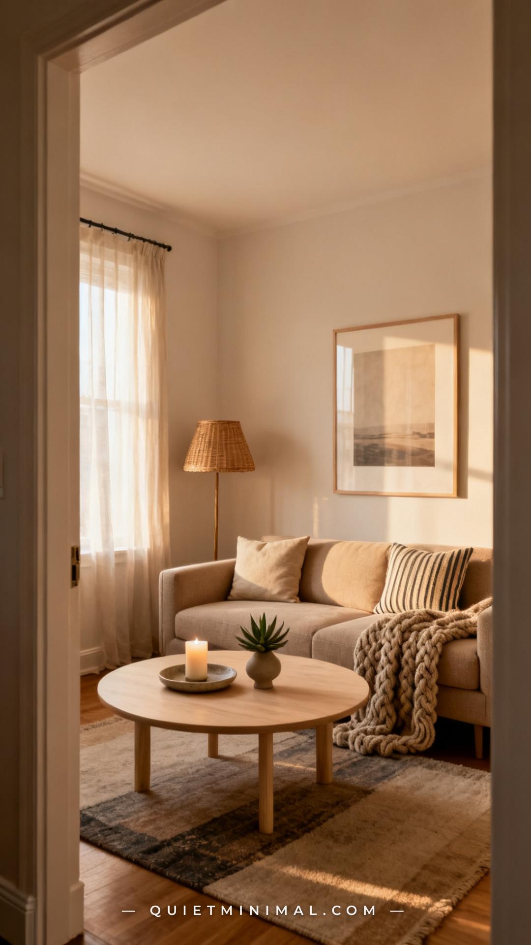 A wide-angle vertical photograph shows the full view of a small apartment living room that is intentionally minimal and